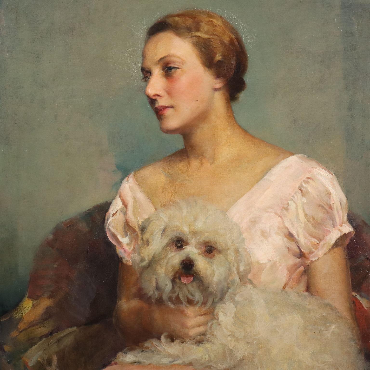 Porträt einer Dame mit kleinem Hund 1934 (Sonstige Kunststile), Painting, von Géza Kövesdy