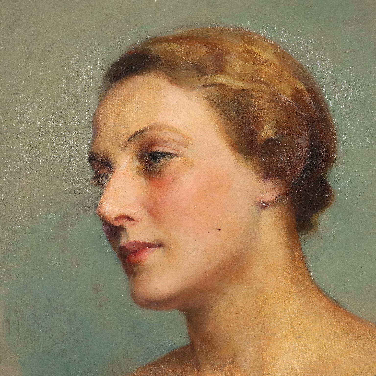 Porträt einer Dame mit kleinem Hund 1934 (Brown), Figurative Painting, von Géza Kövesdy