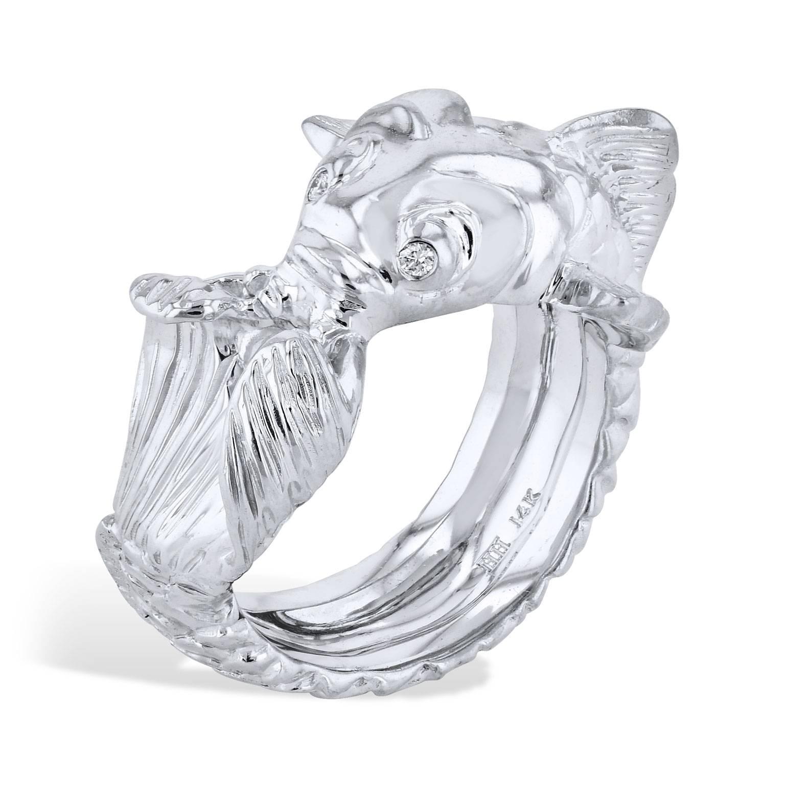 Let the luck and good fortune of the Queen koi fish move with fluidity in this handmade 14 karat white gold ring. Featuring a total weight of 0.02 carat of diamond at eye-center, make this chic and symbolic piece yours.