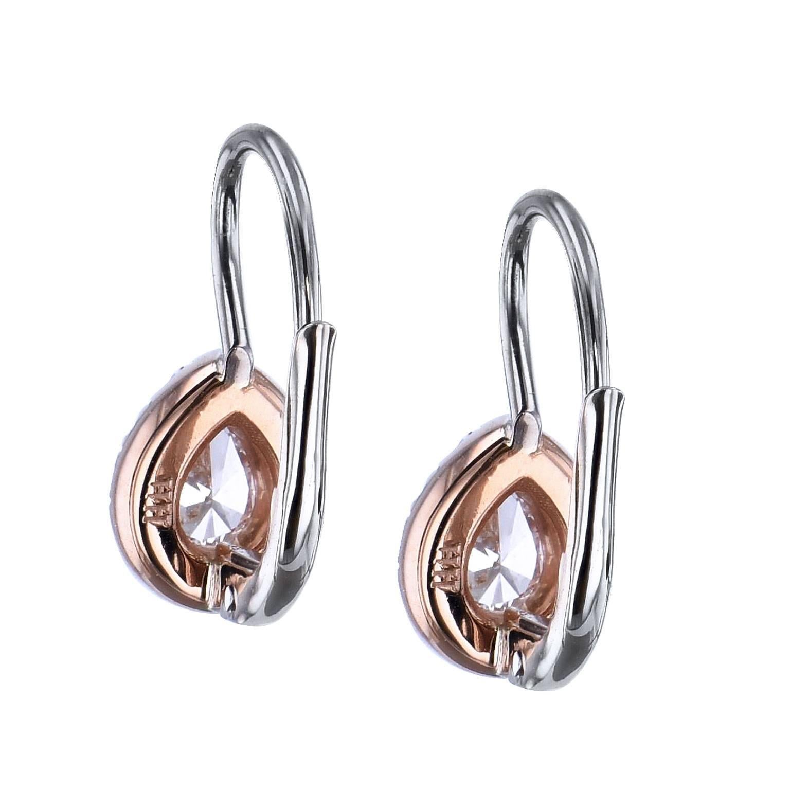 Pear Cut 0.31 Carat Pear-Shaped Diamond Lever-Back Earrings 18 karat White and Rose Gold 