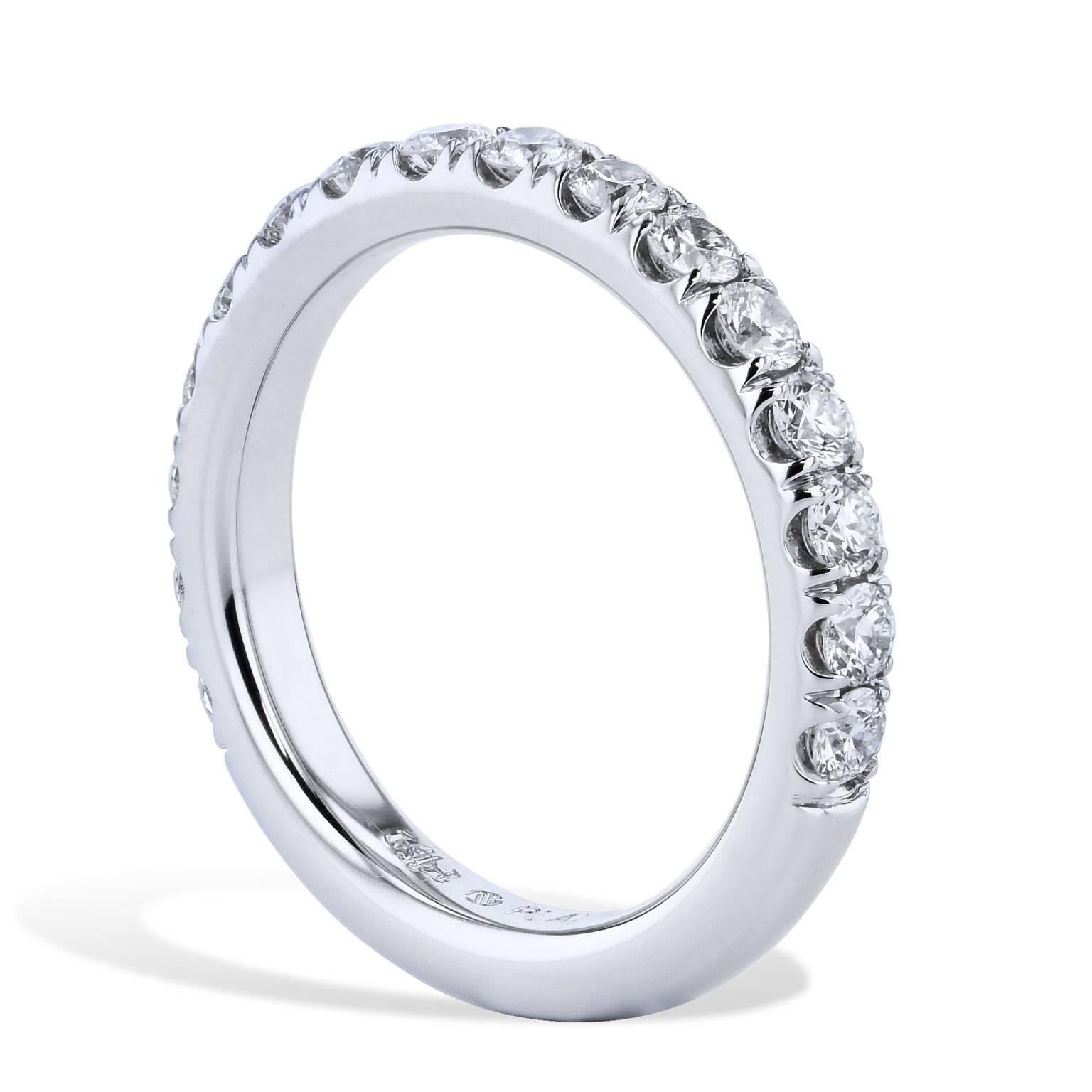 Imagine sixteen pave-set round brilliant cut diamonds in u-setting encircling your finger in this handmade platinum band ring. This charming half-diamond band features a total weight of 0.80 carat on a 3.00 millimeter thick band (H/VS) (Size 5.5).