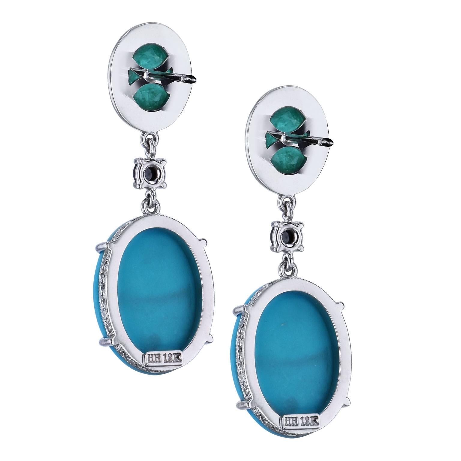 H & H 12.72 Carat Turquoise and 2.32 Carat Emerald Dangle Earrings In Excellent Condition In Miami, FL