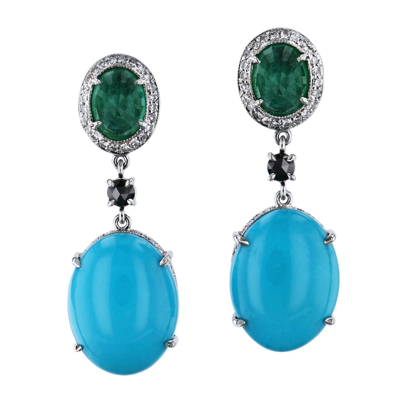 H & H 12.72 Carat Turquoise and 2.32 Carat Emerald Dangle Earrings