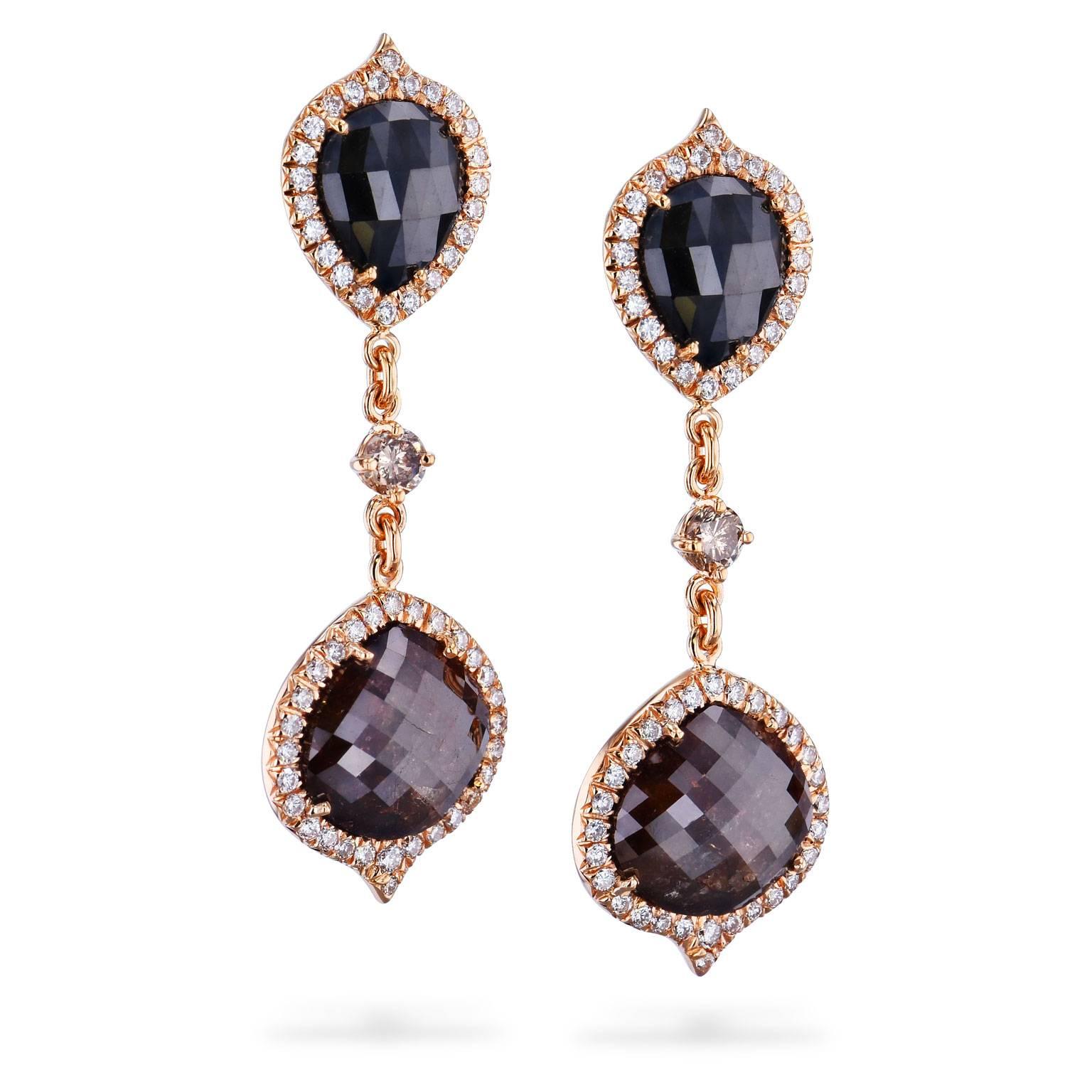 13.56 carat Black and Brown Diamonds with .91 carat Pave White Diamonds Earrings

13.56 carat of black and brown diamonds are embraced by 0.91 carat of pave-set diamond in these one-of-a-kind earrings. 
Hues of brown and black meld together,