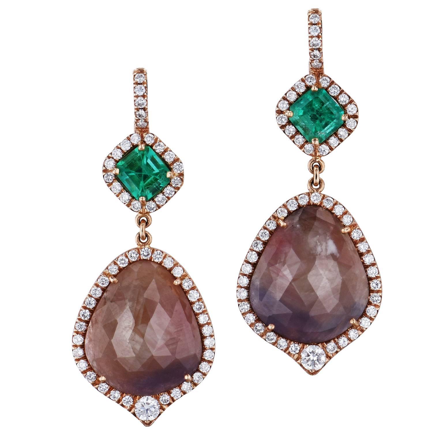 20.00 ct Light Brown Sapphires 1.76 ct Colombian Emerald and Diamond Earrings