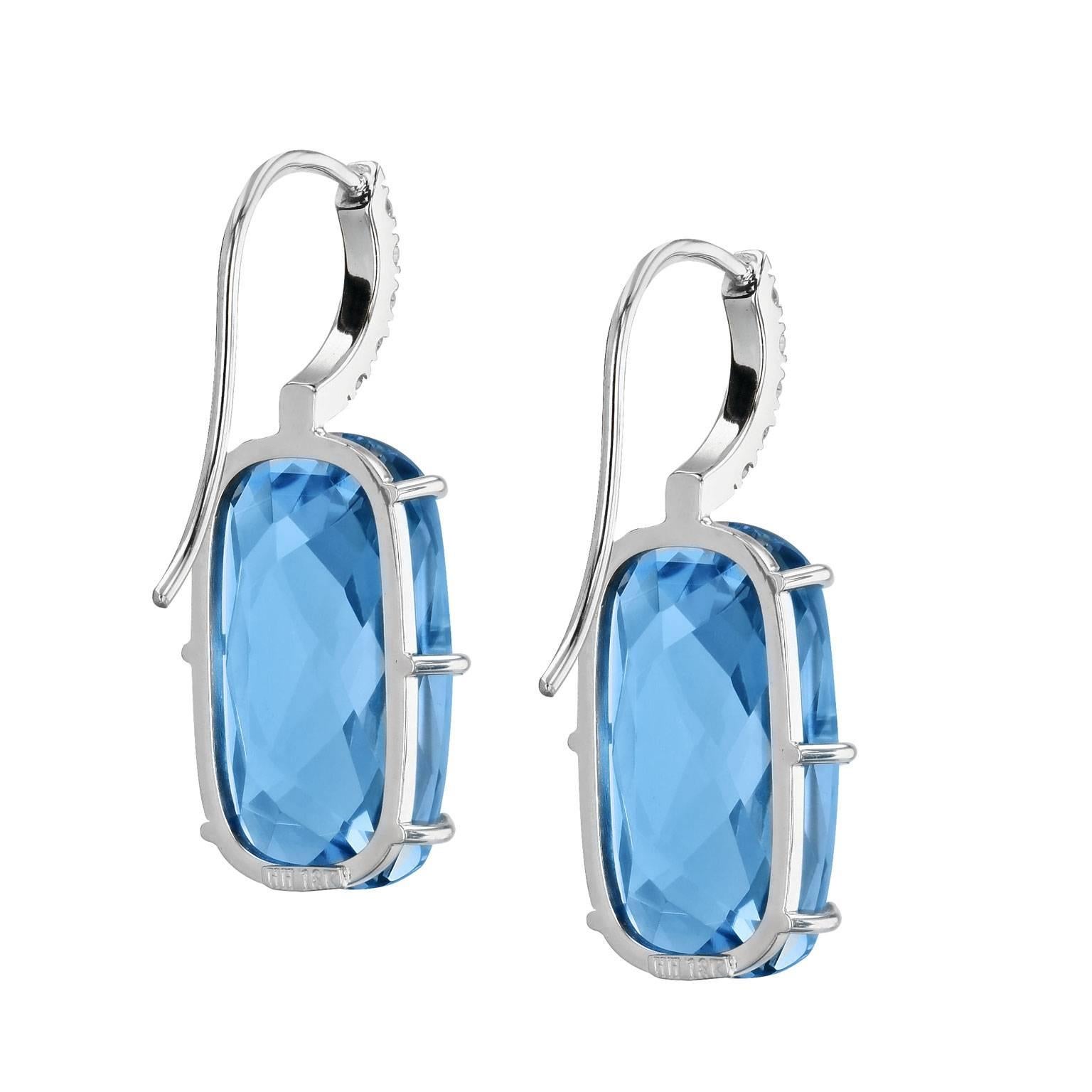 Oval Cut 20.34 Carat Blue Topaz with Diamond Pave Earrings in 18 Karat White Gold 