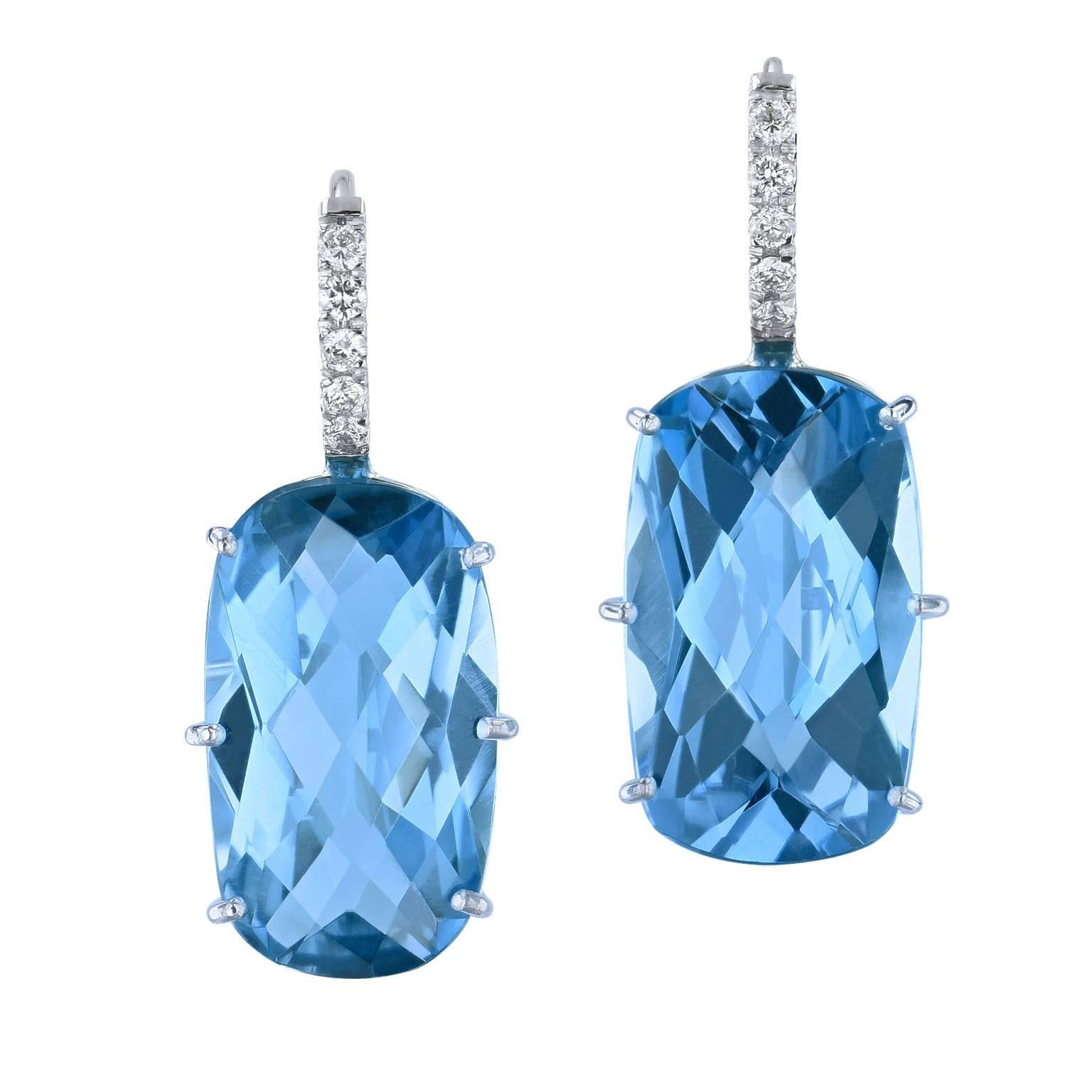 20.34 Carat Blue Topaz with Diamond Pave Earrings in 18 Karat White Gold 