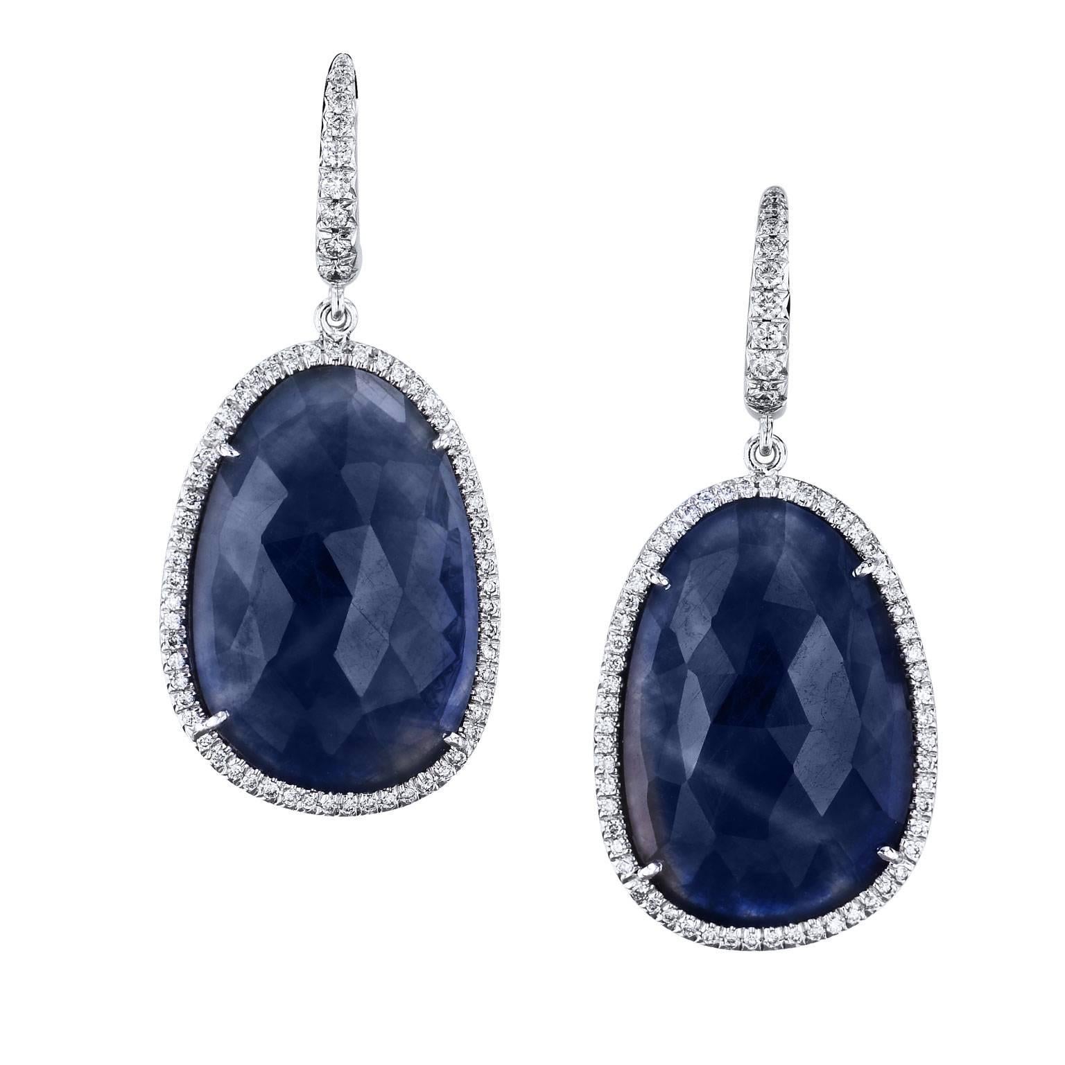 32.27 Carat Blue Sapphire and Pave Diamond Drop Earrings in 18 karat White Gold