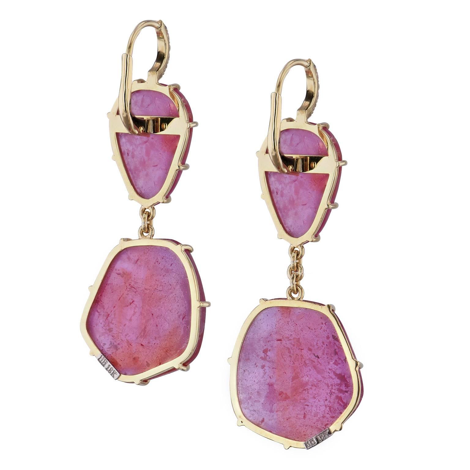 H & H 42.40 Carat Reddish Pink Sapphire Dangle Earrings In Excellent Condition In Miami, FL
