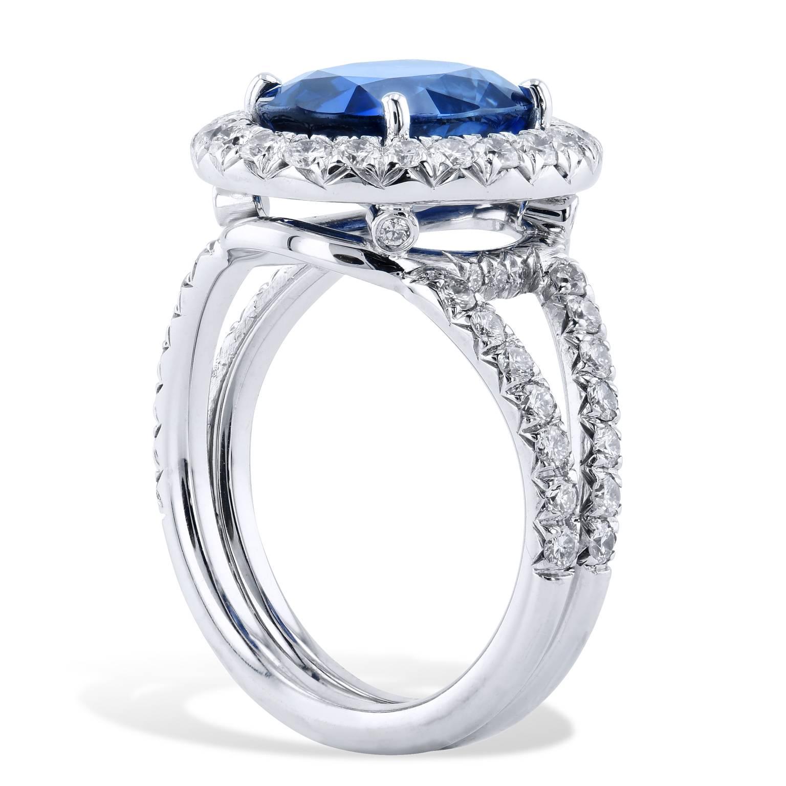 Oval Cut H & H 4.37 Carat Blue Sapphire and Diamond Split-Shank Ring