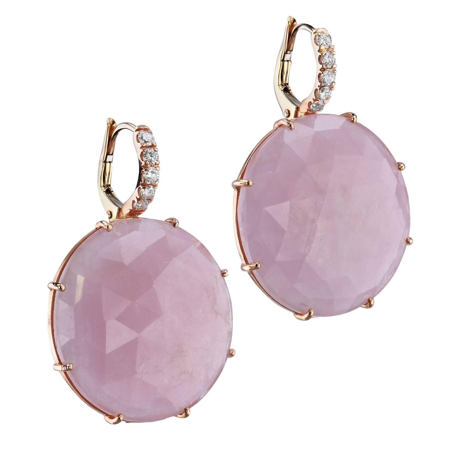 52.52 Carat Pastel Pink Sapphire Slice with Pave Diamonds Lever-Back Earrings

These stunning earrings are one of a kind and handmade by H&H Jewels.  The pastel pink is sumptuous and sweet in these 18 karat rose gold lever-back earrings. 52.52 carat
