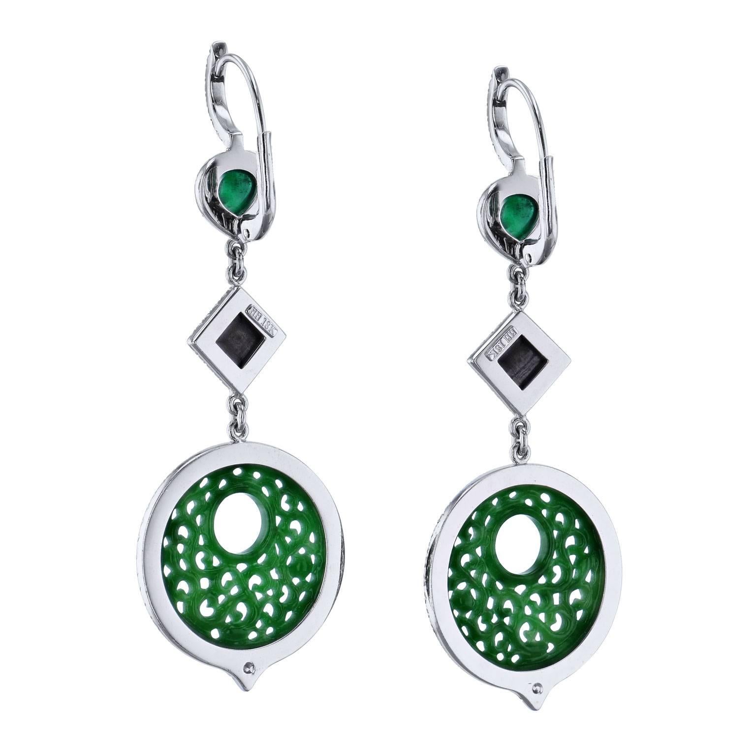Brilliant Cut 1.19 Carat Jadeite Emerald Black Diamonds Dangle Earrings For Sale