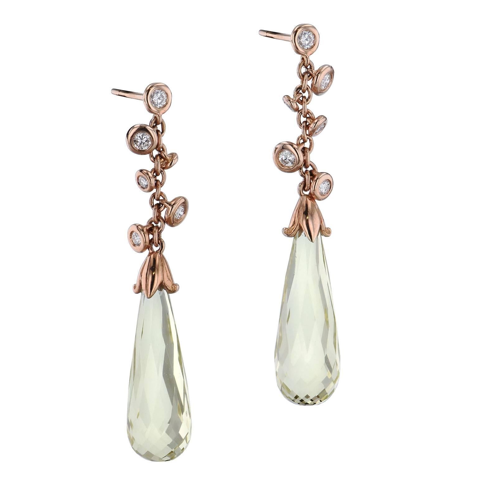 Lemon Quartz Briolette and Diamond Dangle Earrings in 18 karat Rose Gold

These darling earrings are one of a kind and handmade by H&H Jewels.  

They feature two briolette lemon quartz that radiate with celestial beauty as 0.50 carat of diamond