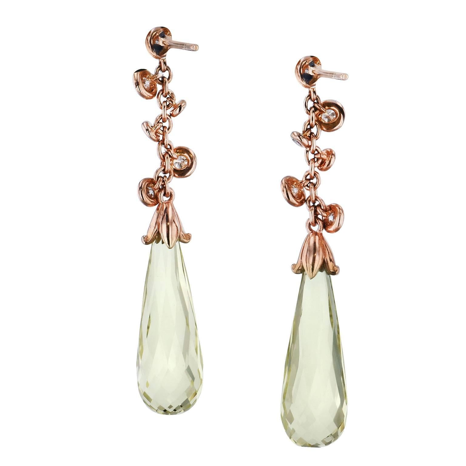 Briolette Cut Lemon Quartz Briolette and Diamond Dangle Earrings in 18 karat Rose Gold 