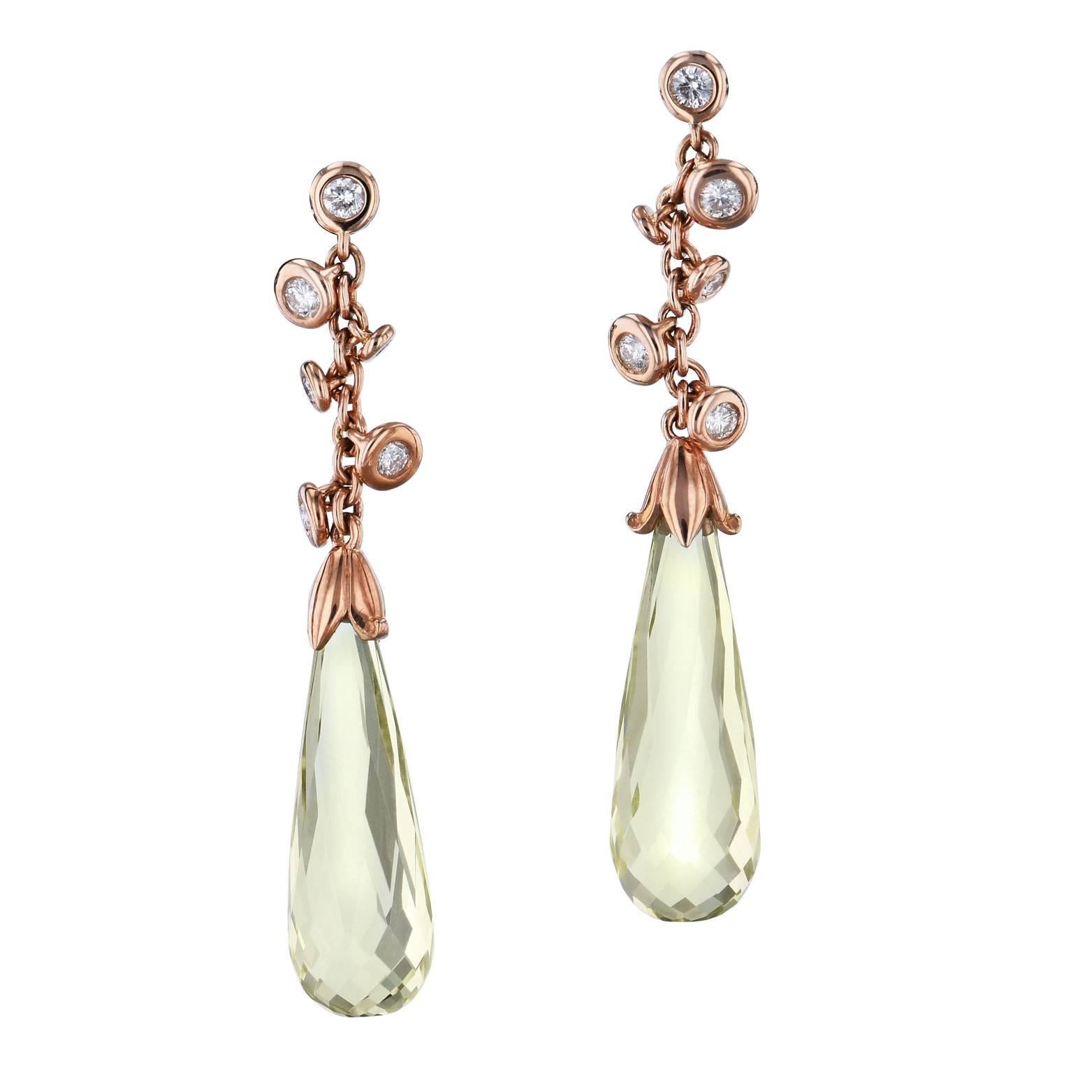 Lemon Quartz Briolette and Diamond Dangle Earrings in 18 karat Rose Gold 