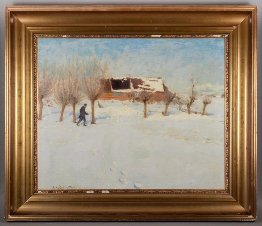 H. A. Brendekilde (1857-1942), well listed Danish artist. 
Oil on canvas.
Winter landscape with a farmhouse in the background and a man walking in the snow.
Ca. 1900.
Signed.
High-quality painting.
In excellent condition, with craquelure.
Large gold