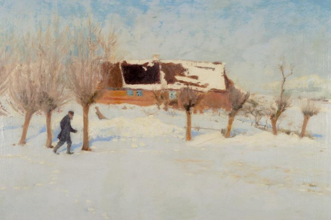 H. A. Brendekilde, well listed Danish artist. Oil on canvas. Winter landscape. In Excellent Condition For Sale In Copenhagen, DK
