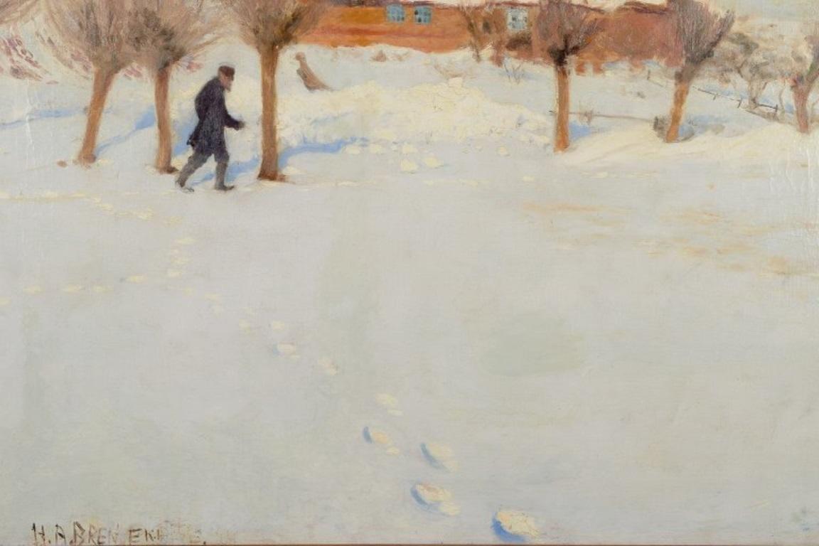20th Century H. A. Brendekilde, well listed Danish artist. Oil on canvas. Winter landscape. For Sale