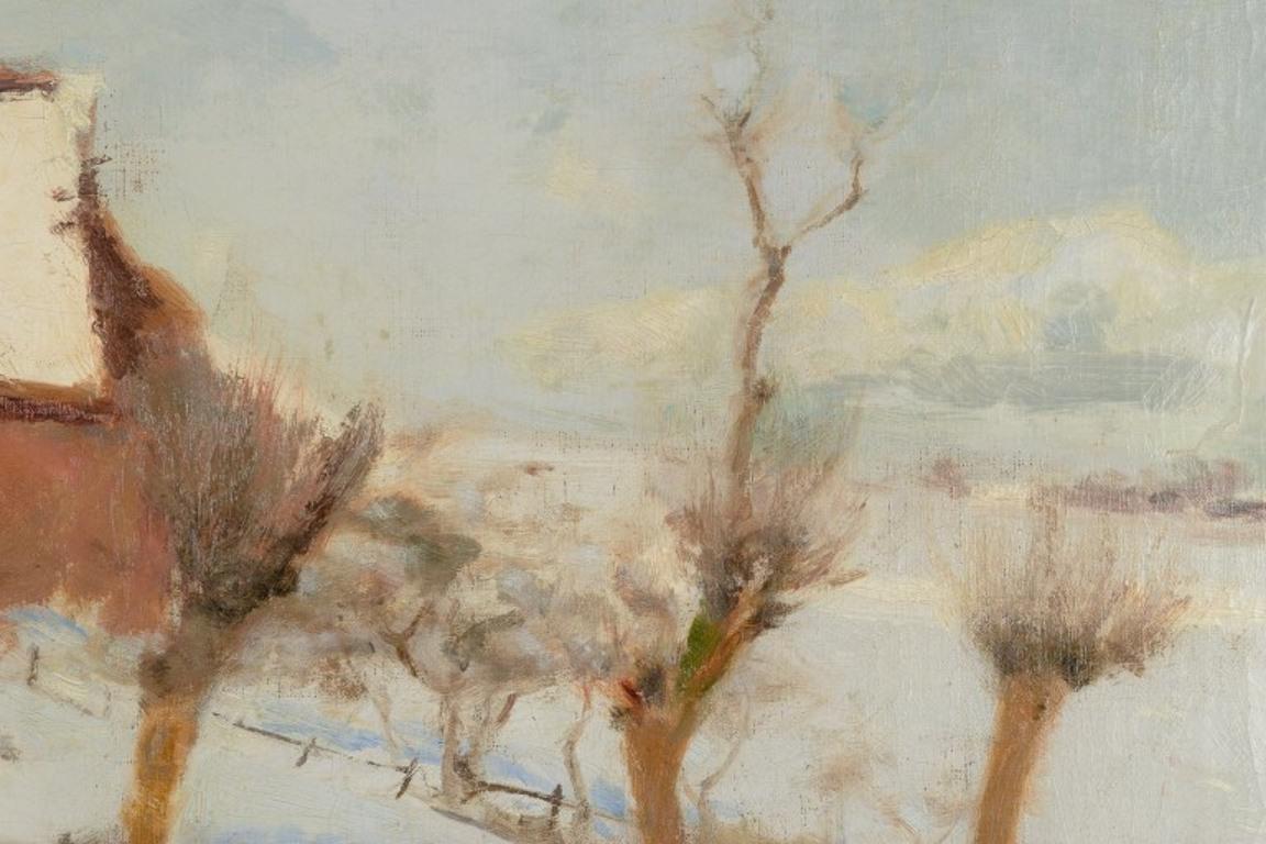 H. A. Brendekilde, well listed Danish artist. Oil on canvas. Winter landscape. For Sale 1