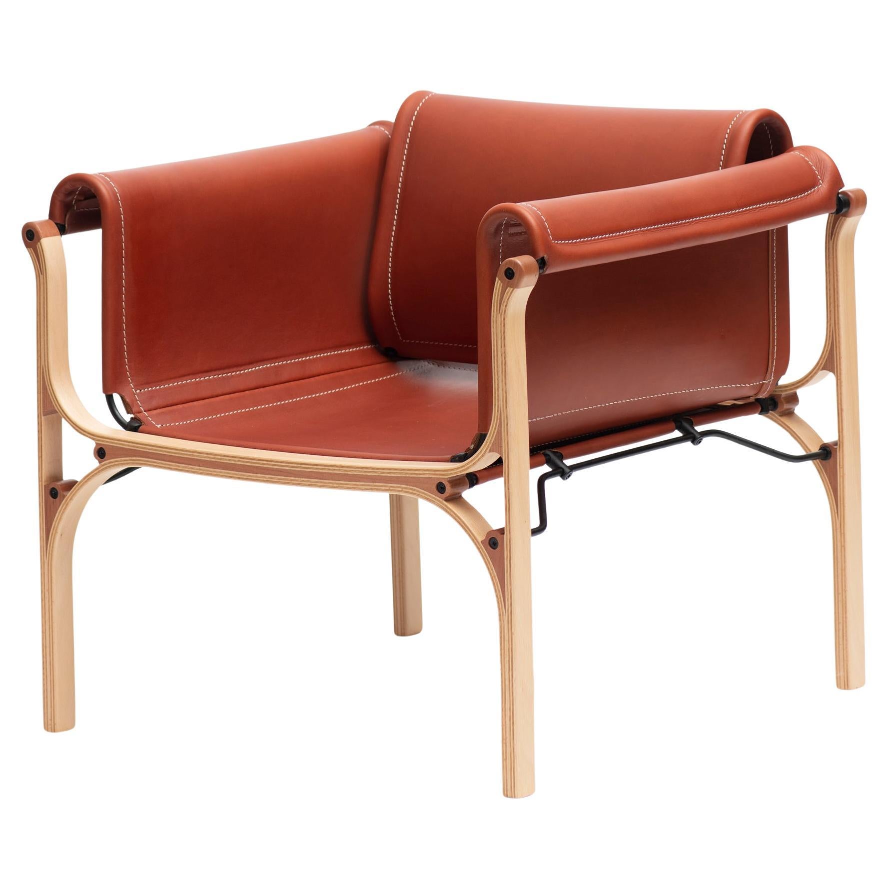 H Armchair by Cristian Valdes 1977, laminated wood & leather, Caramel