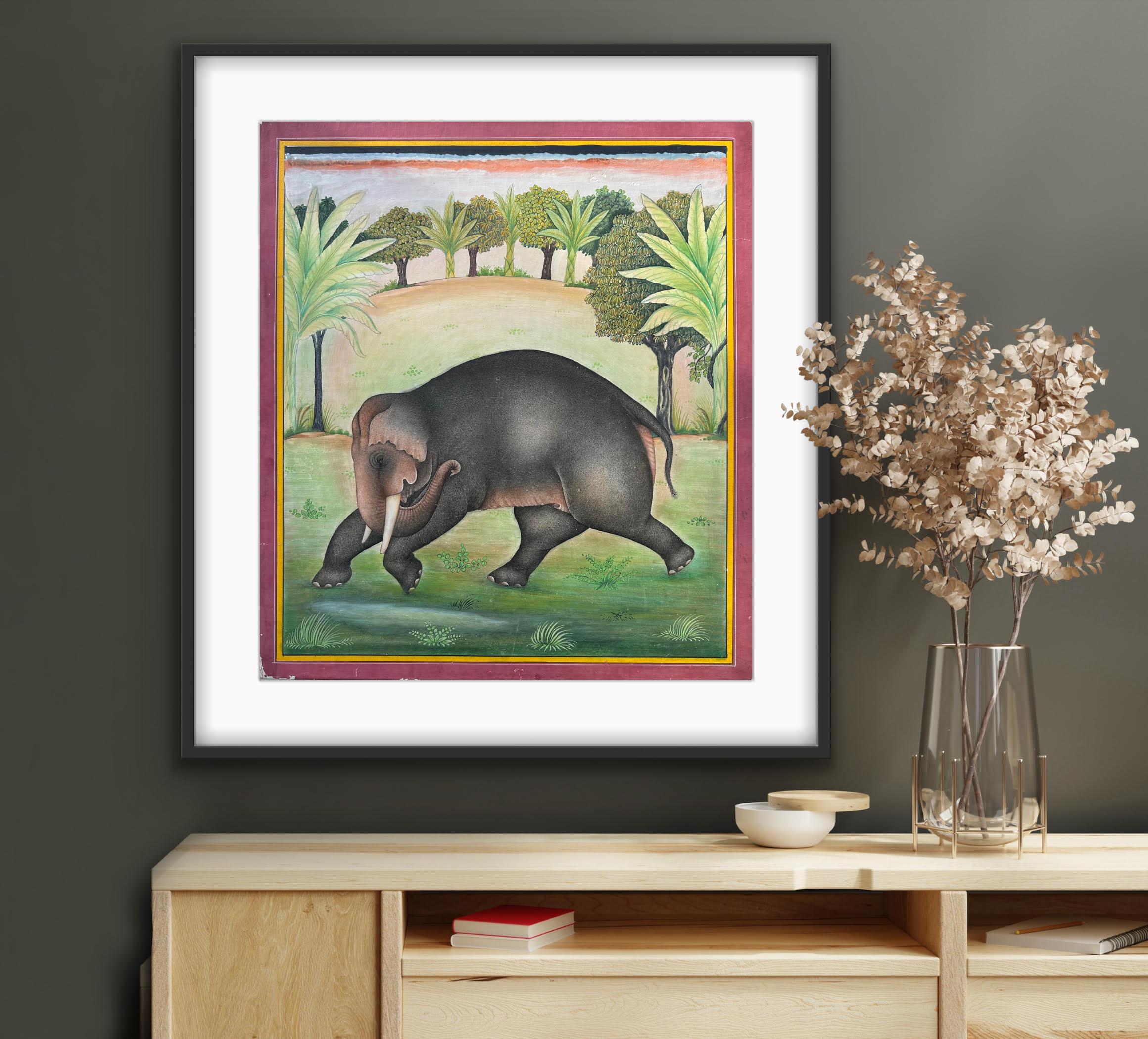 Indische Miniatur Malerei auf Papier Elefant Wald Natur Bäume Masterly Artist im Angebot 6