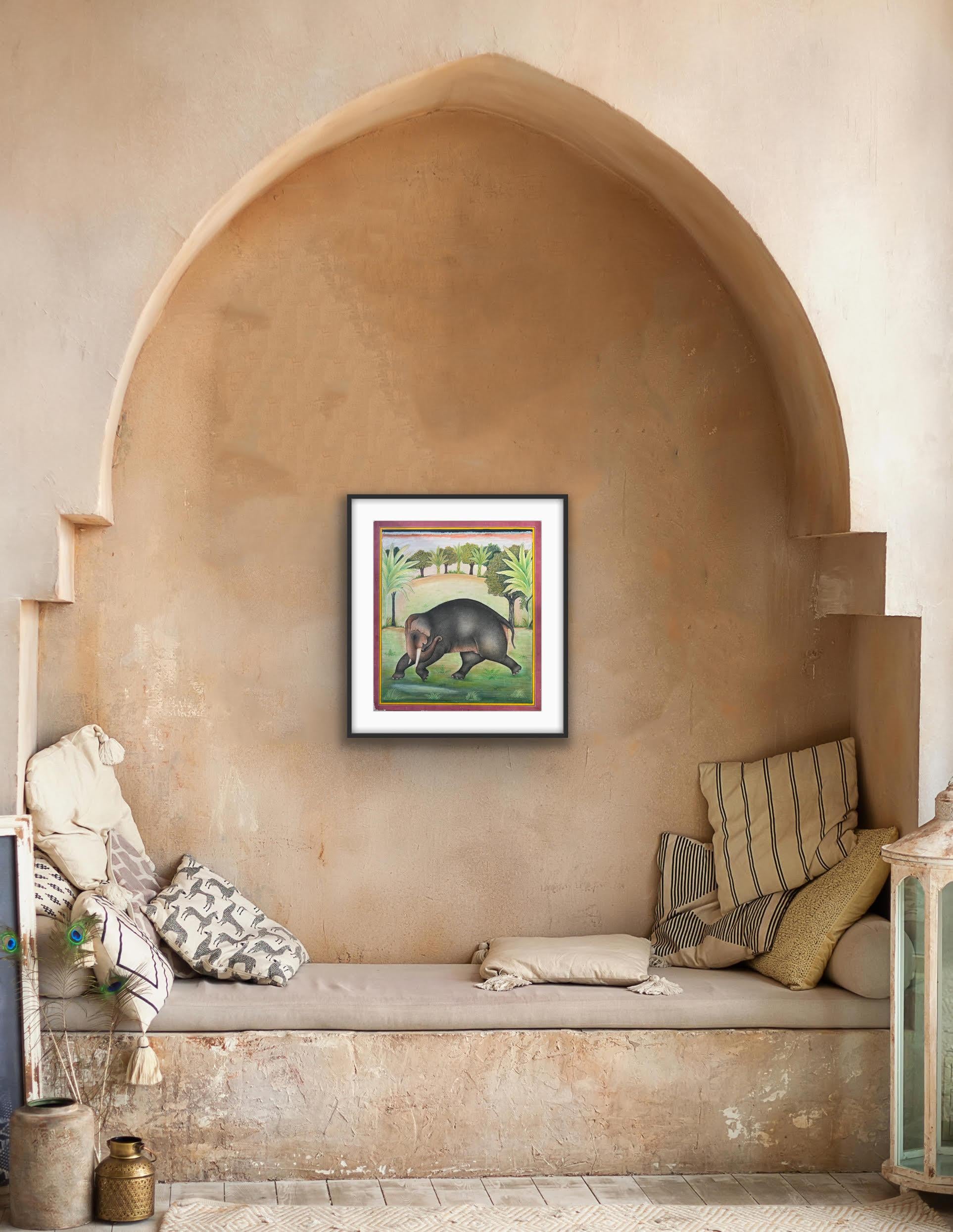 Indische Miniatur Malerei auf Papier Elefant Wald Natur Bäume Masterly Artist im Angebot 7