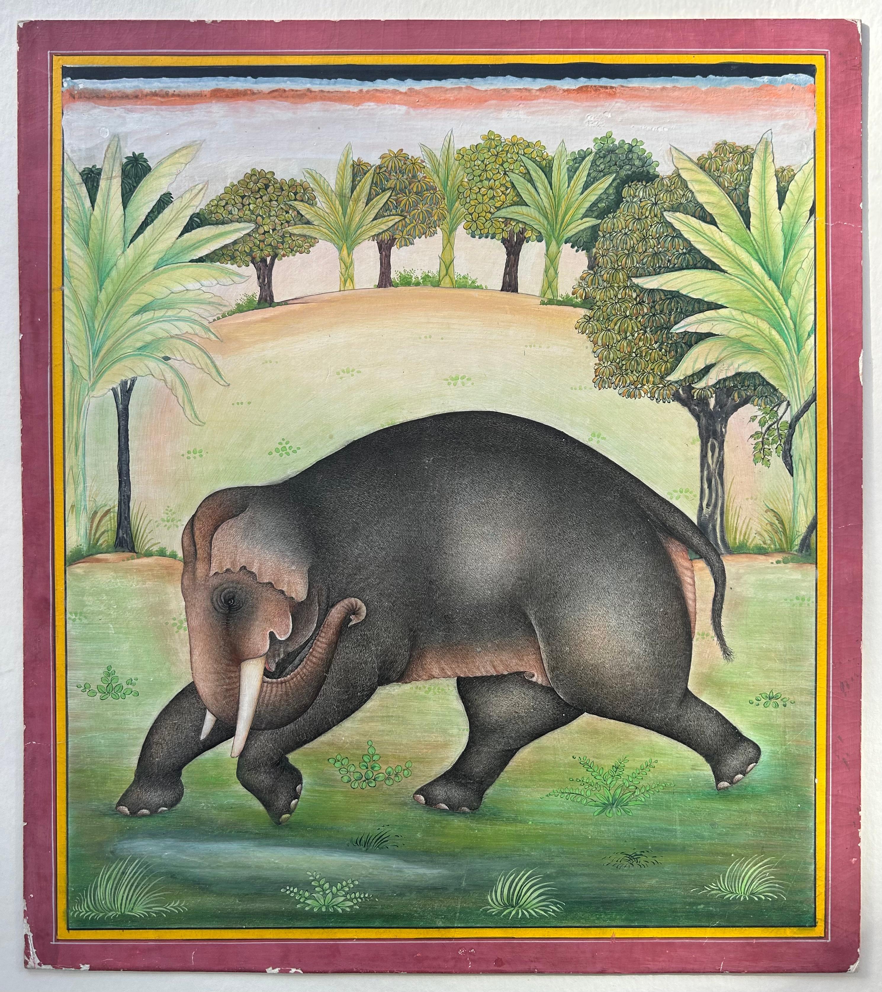Indische Miniatur Malerei auf Papier Elefant Wald Natur Bäume Masterly Artist – Painting von H B Bhujel