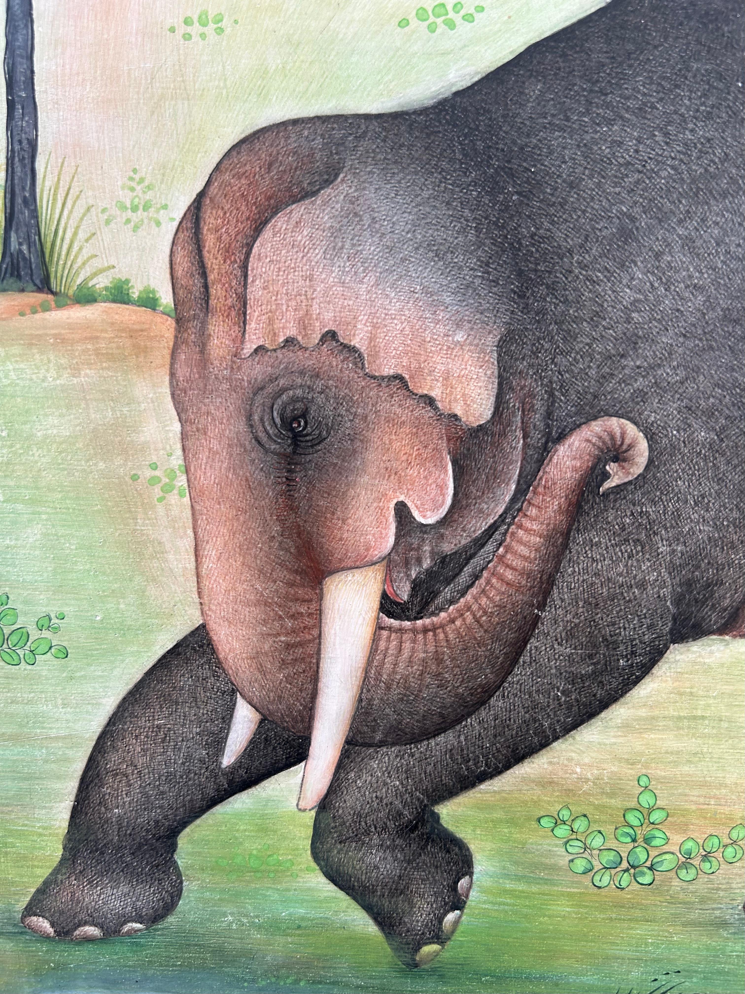 Indische Miniatur Malerei auf Papier Elefant Wald Natur Bäume Masterly Artist (Sonstige Kunststile), Painting, von H B Bhujel