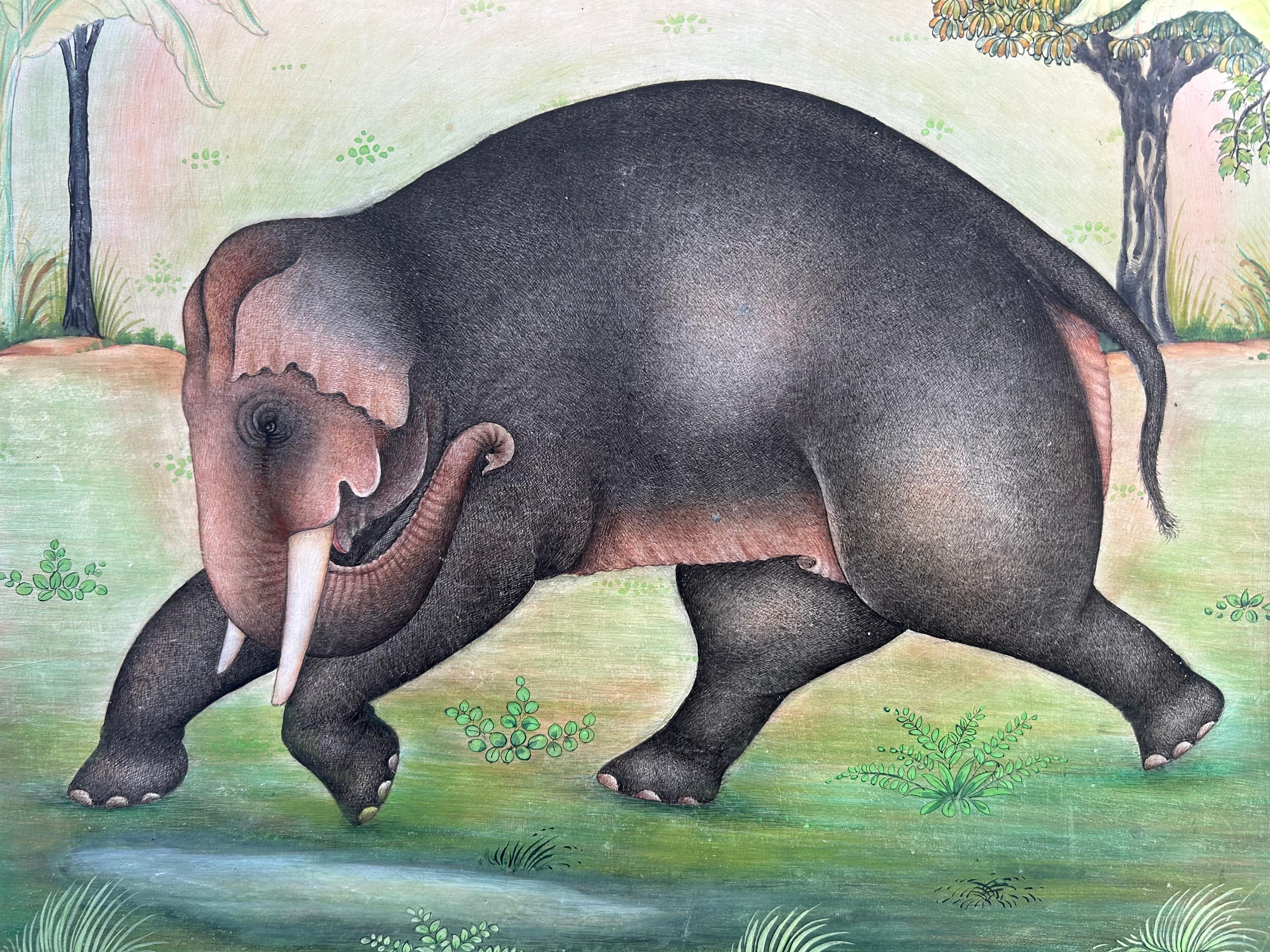 Indische Miniatur Malerei auf Papier Elefant Wald Natur Bäume Masterly Artist (Braun), Landscape Painting, von H B Bhujel