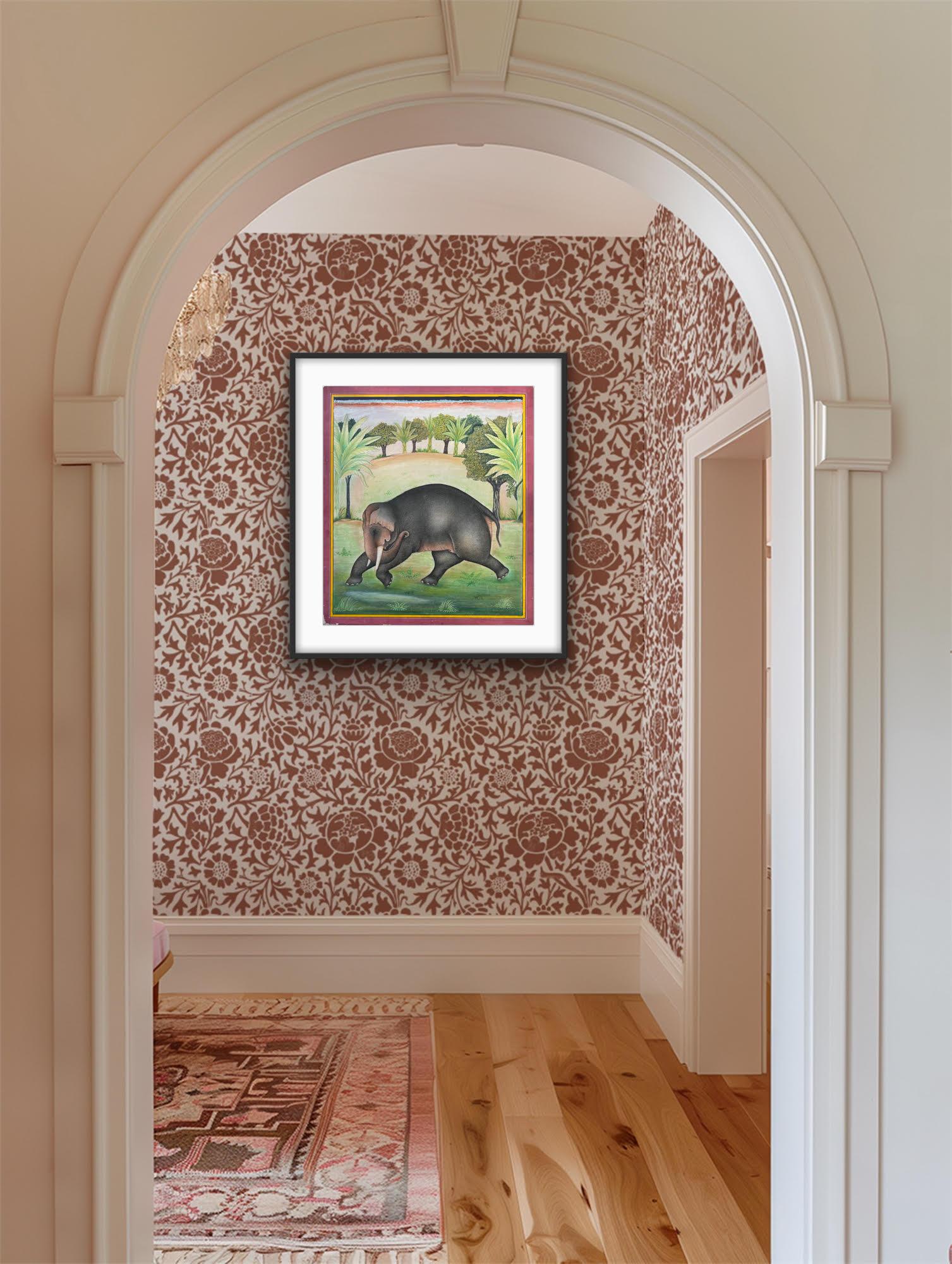 Indische Miniatur Malerei auf Papier Elefant Wald Natur Bäume Masterly Artist im Angebot 3