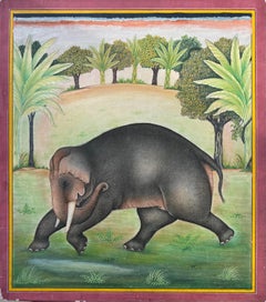 Pintura india en miniatura sobre papel elefante bosque naturaleza árboles Maestro Artista