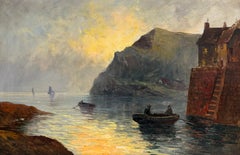 Stonehaven Harbour at Dusk East Coast Scotland Coastal Antique Oil Painting