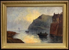 Stonehaven Harbour at Dusk East Coast Scotland Coastal Antique Oil Painting