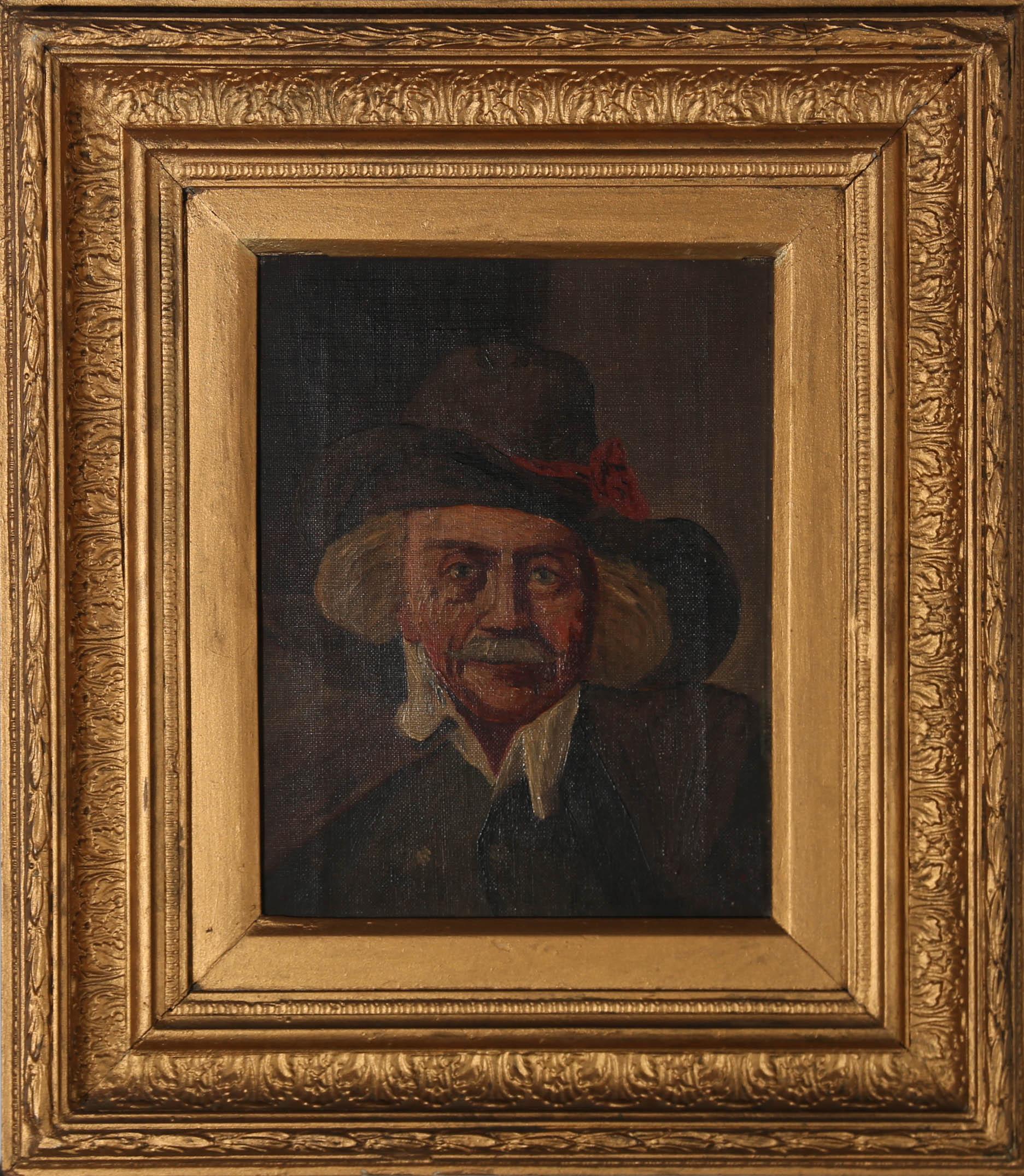 A fine 19th Century portrait of a smiling man with a handsome mustache in a fetching hat. The artist has signed somewhat illegibly and dated to the lower right corner and the painting has been presented in a 19th Century frame with laurel and berry