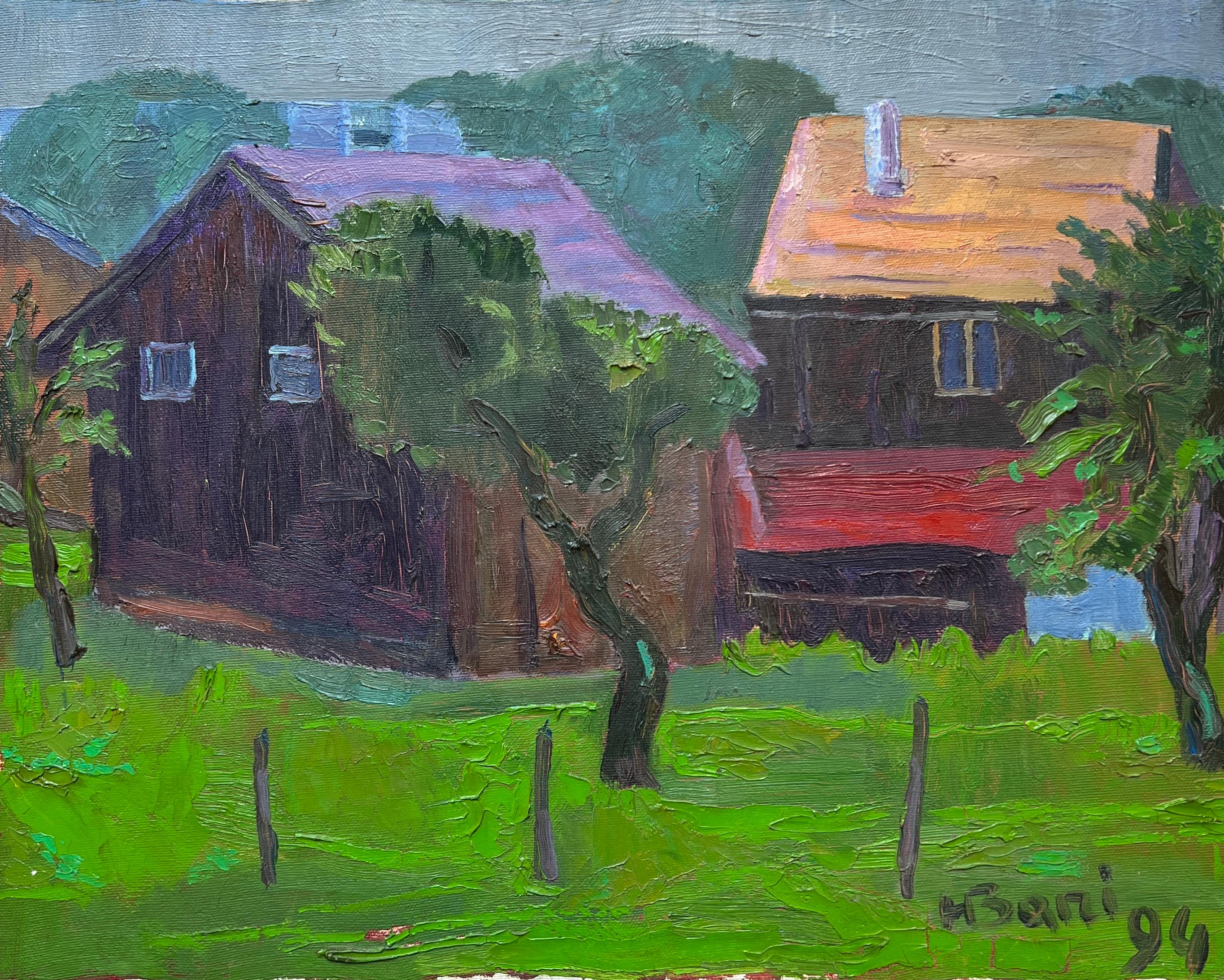 H. Bani Landscape Painting – Cottages und Weidenbäume