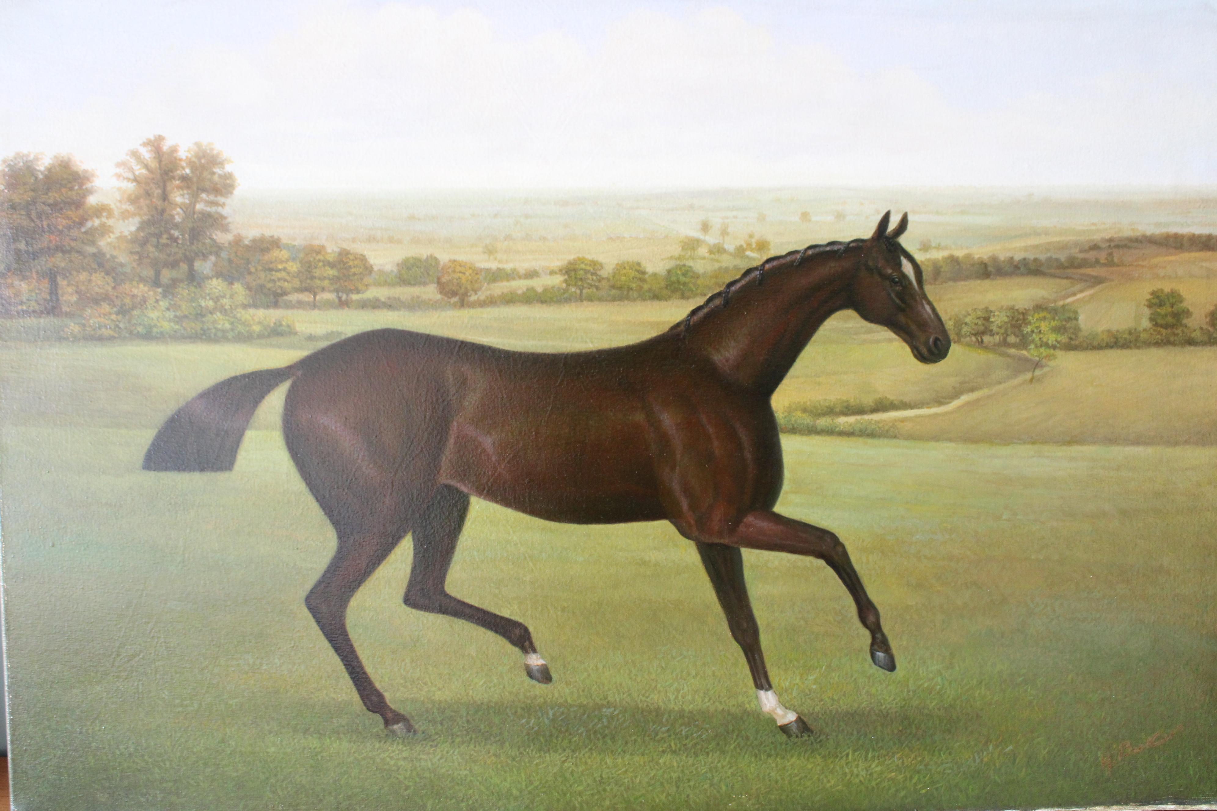 Caballo en paisaje, gran retrato de caballo alazán, pintura tradicional de caballos - Painting de H. Becker