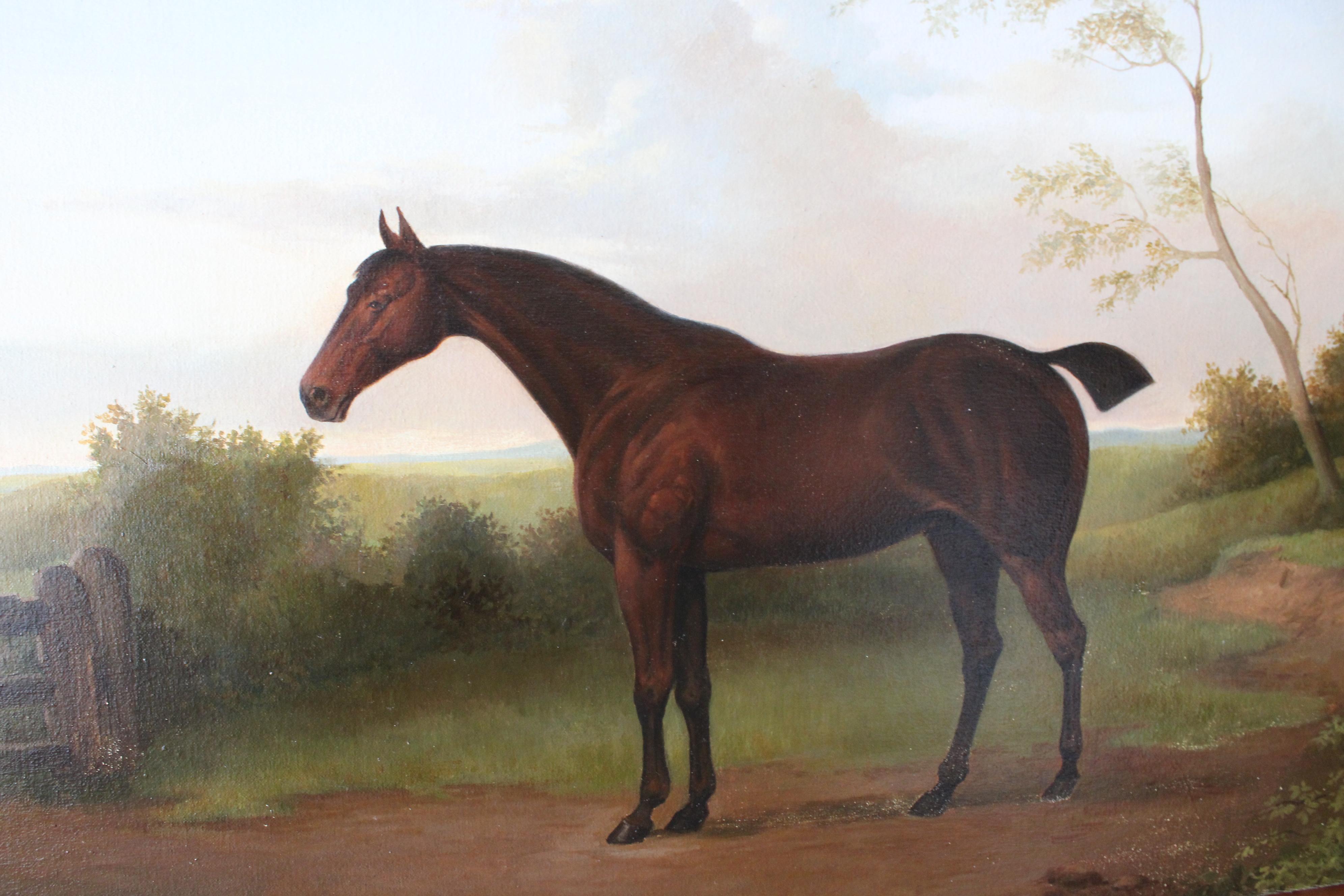 Caballo en paisaje, gran retrato de caballo alazán, pintura tradicional de caballos - Painting de H. Becker