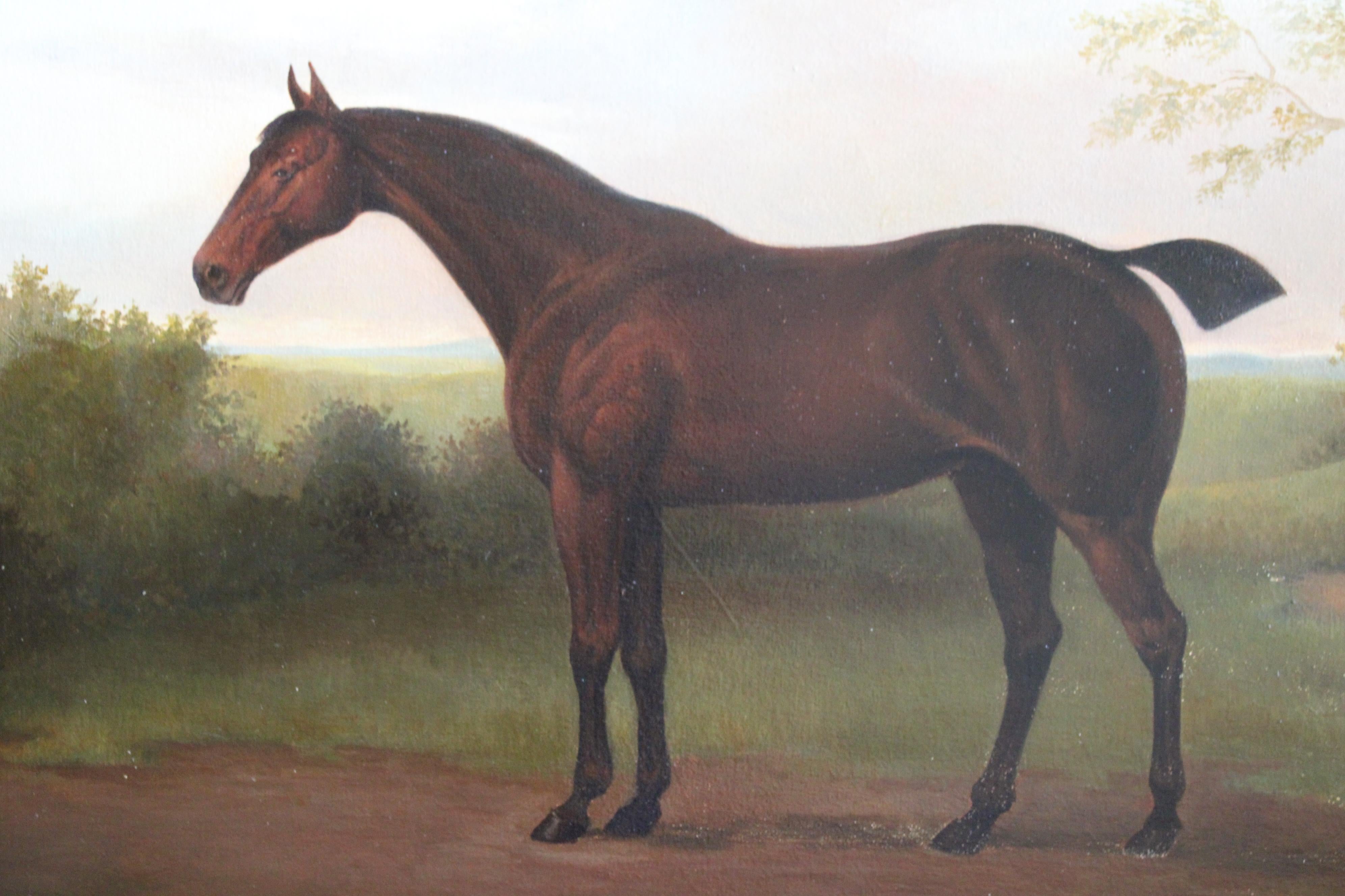 Caballo en paisaje, gran retrato de caballo alazán, pintura tradicional de caballos - Animal Painting Marrón de H. Becker