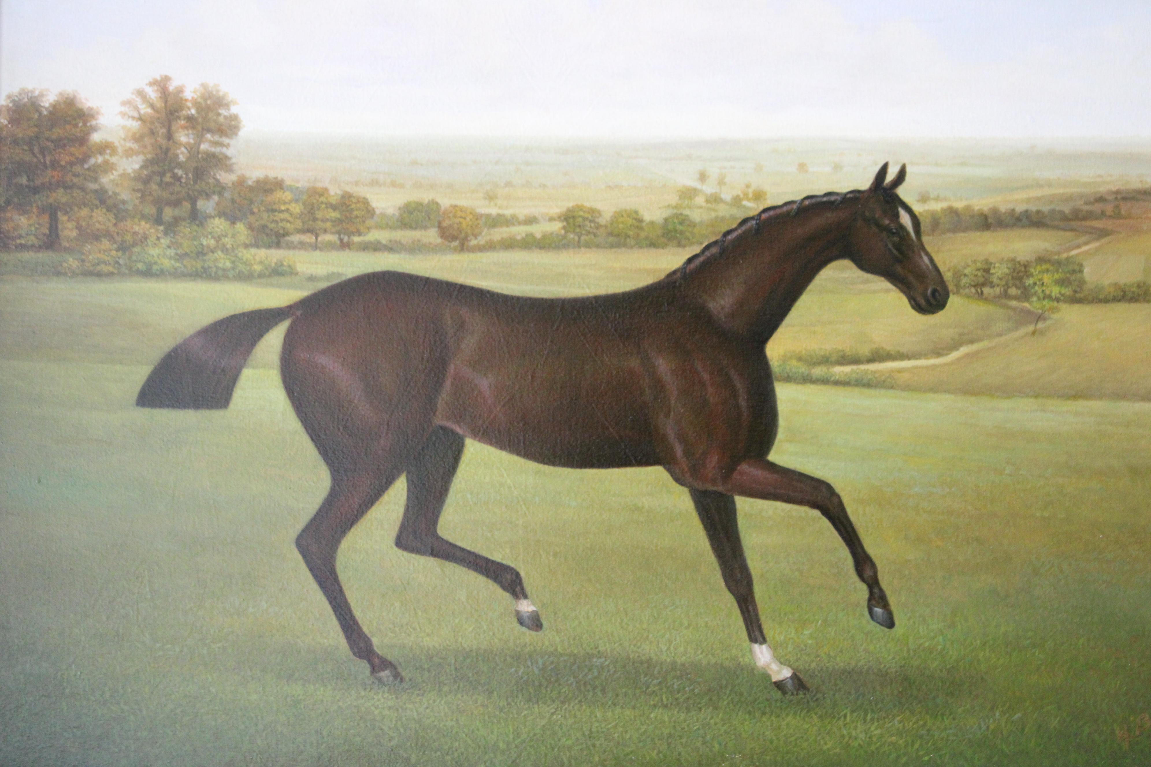 Caballo en paisaje, gran retrato de caballo alazán, pintura tradicional de caballos - Painting Escuela inglesa de H. Becker