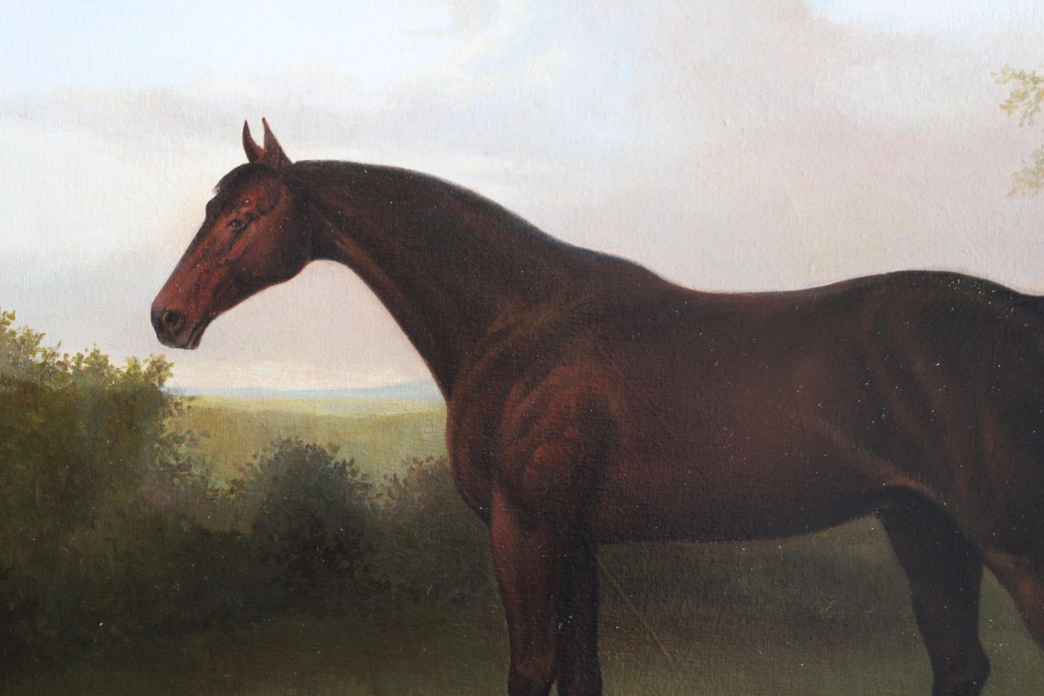 Gran cuadro tradicional de un caballo en un paisaje.  Se trata de un retrato al óleo excepcionalmente atractivo de un caballo sobre lienzo tensado.  Está firmada en la parte inferior izquierda por H. Becker.  Un caballo se yergue orgulloso en un