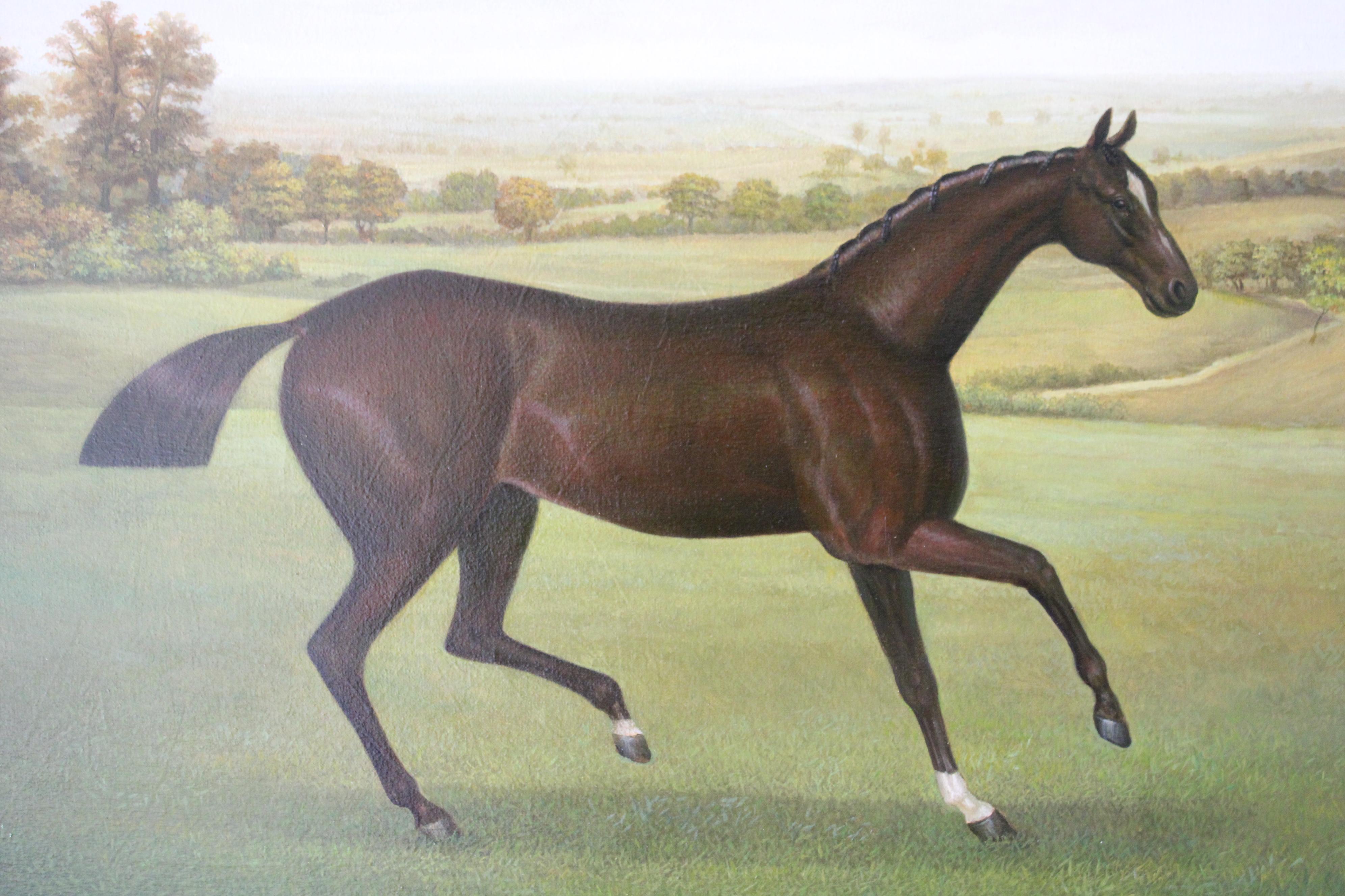 Gran cuadro tradicional de un caballo en un paisaje.  Se trata de un retrato al óleo excepcionalmente atractivo de un caballo sobre lienzo tensado.  Está firmado en la parte inferior izquierda H. Becker.  Un caballo se pavonea orgulloso ante un