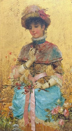 Fine peinture à l'huile Belle Époque des années 1880, Lady in Blossom Setting