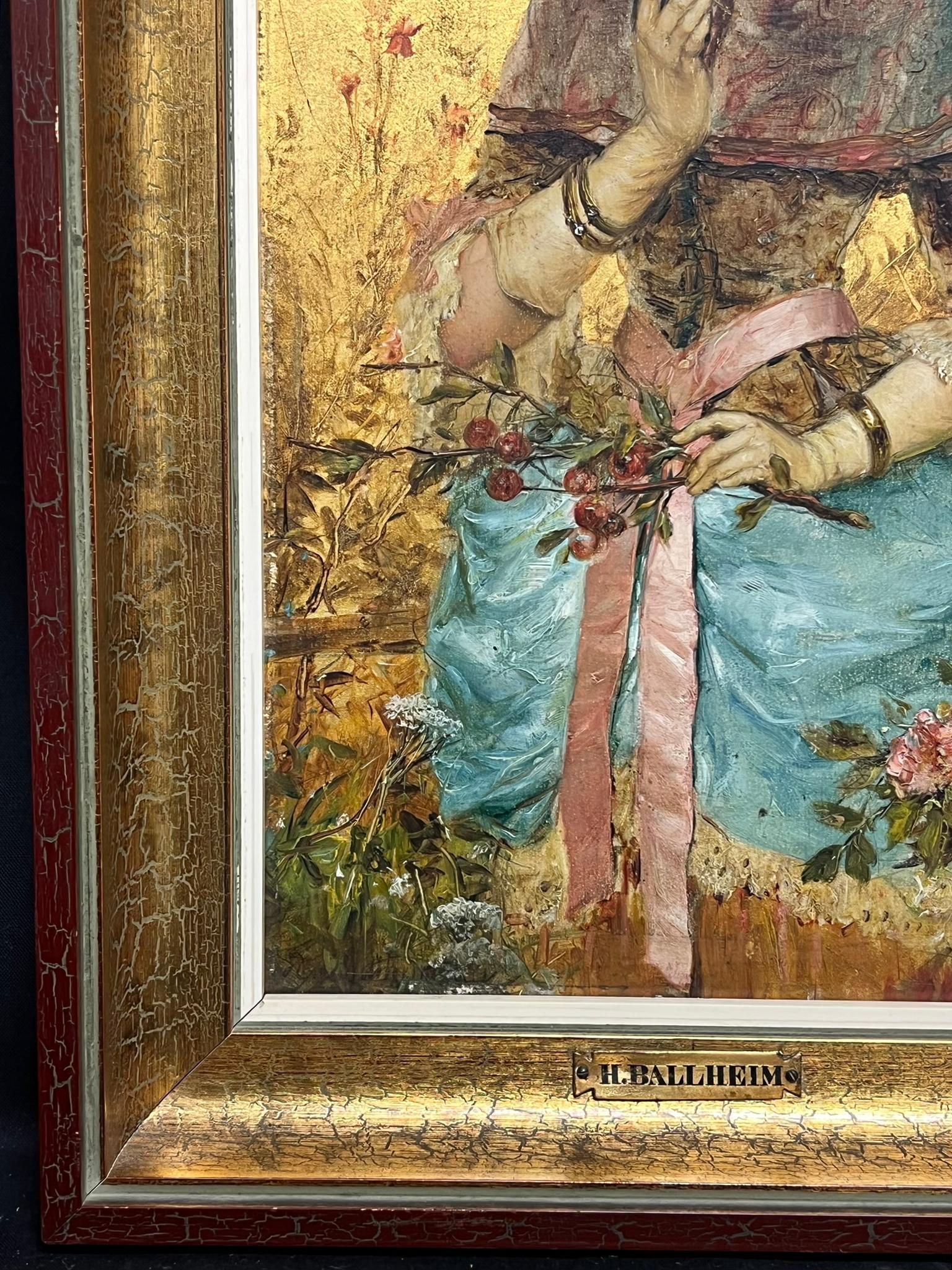 Elegante retrato de 1880 Belle Epoque Dama en flor Pintura al óleo - Portrait Painting Marrón de H. Bellheim