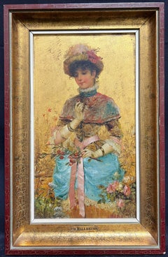 Fein 1880's Elegantes Porträt Belle Epoque Dame in Blüte Einstellung Ölgemälde