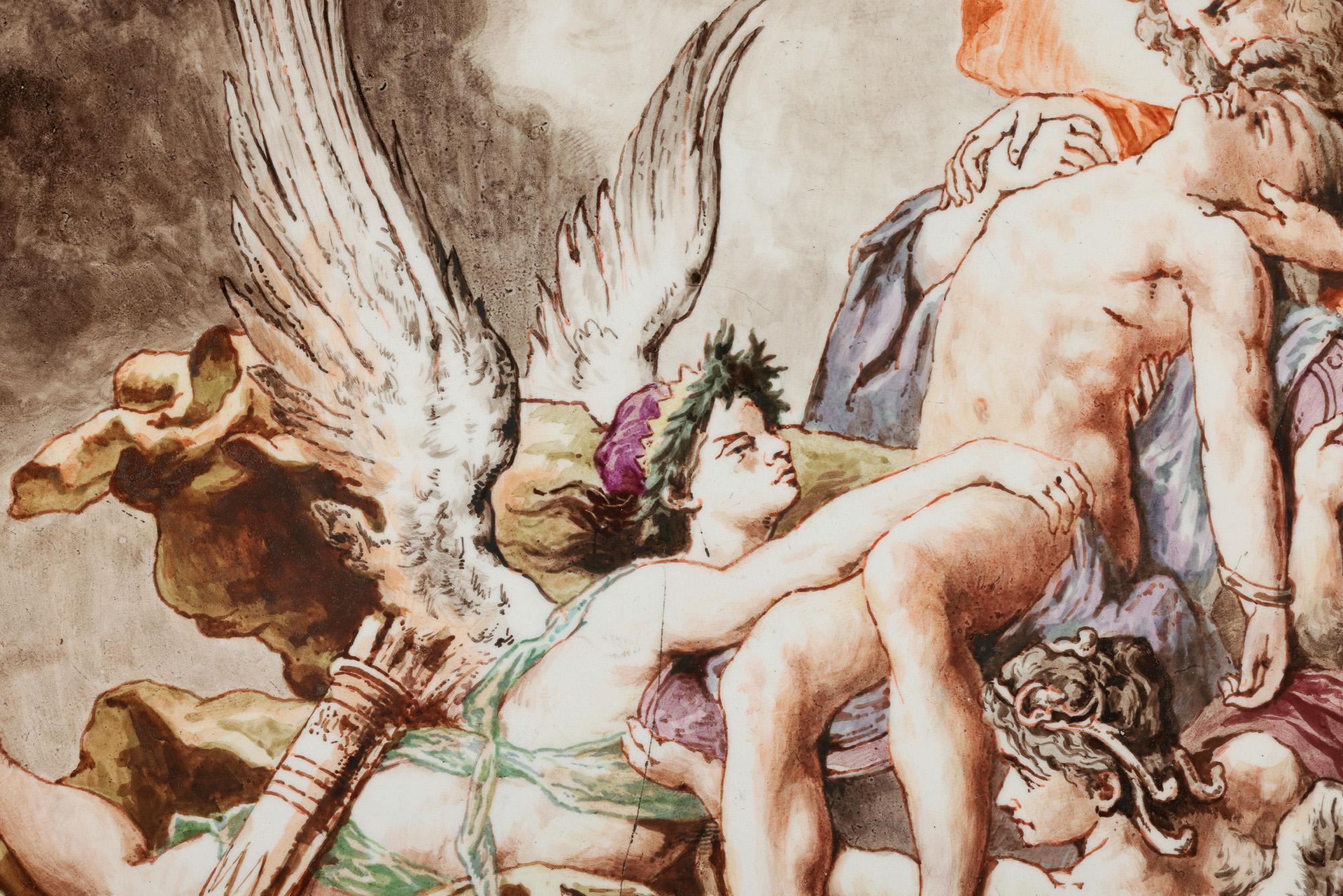 H Boulenger & Cie Exceptional Hand Painted Heavenly Scene Ceramic Plaque For Sale 3