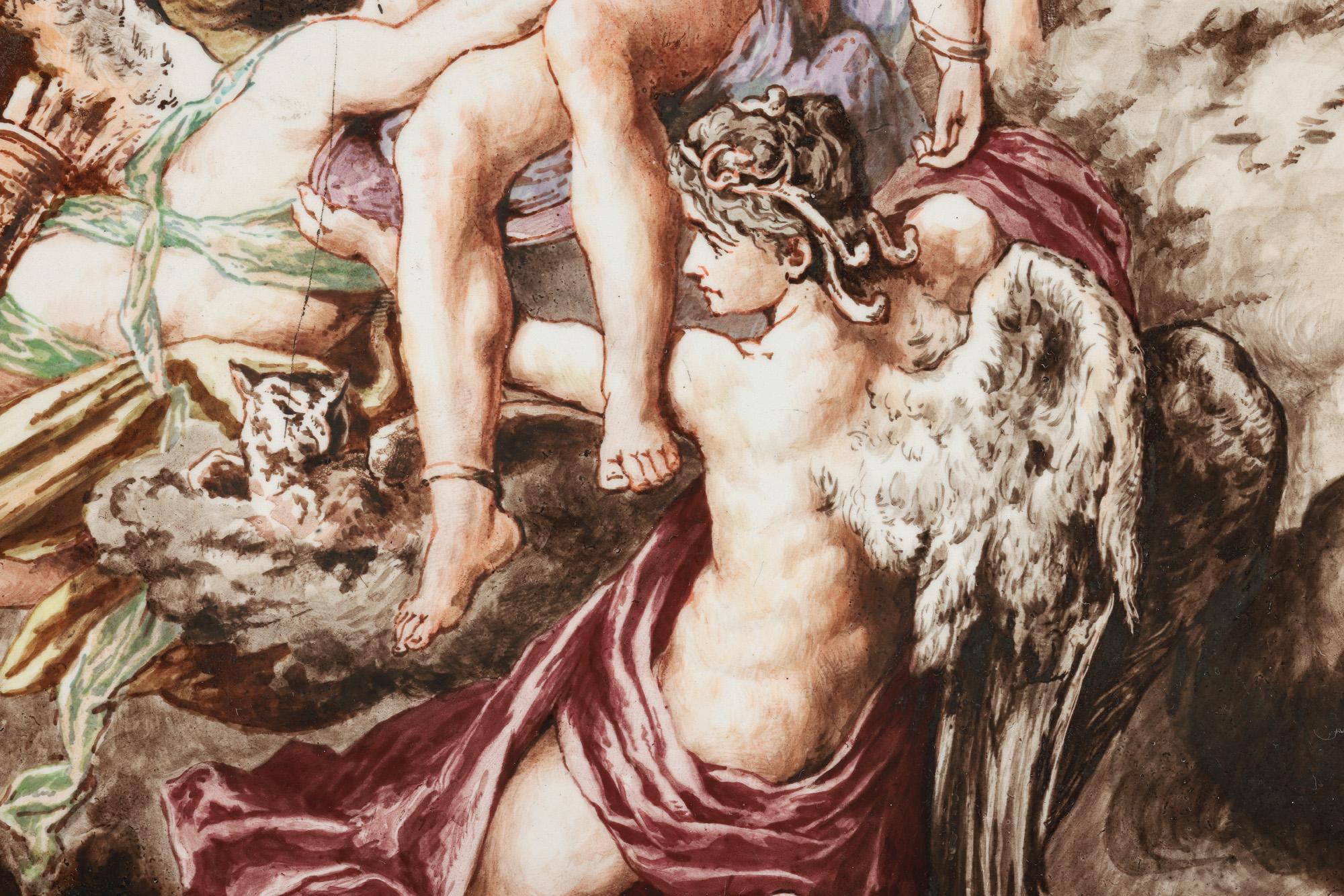H Boulenger & Cie Exceptional Hand Painted Heavenly Scene Ceramic Plaque For Sale 7