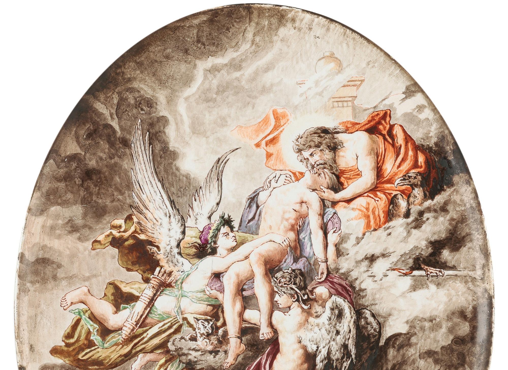 H Boulenger & Cie Exceptional Hand Painted Heavenly Scene Ceramic Plaque For Sale 8