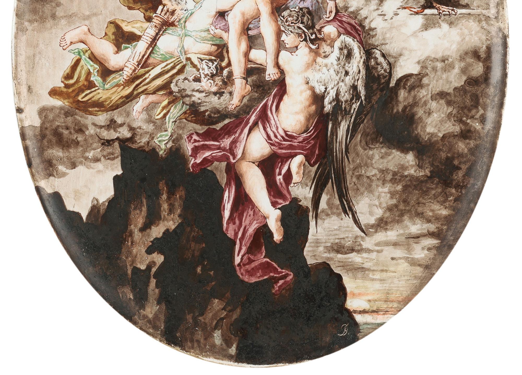 An exceptional and rare French signed hand painted ceramic plaque with a signed heavenly scene by H Boulenger & Cie, Choisy dating from the 19th century. The large oval shaped white ceramic plaque is very finely painted to the front edges with a