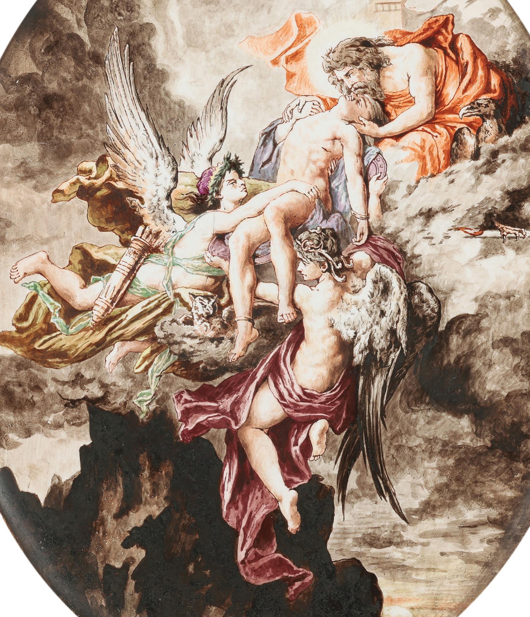 Aesthetic Movement H Boulenger & Cie Exceptional Hand Painted Heavenly Scene Ceramic Plaque For Sale