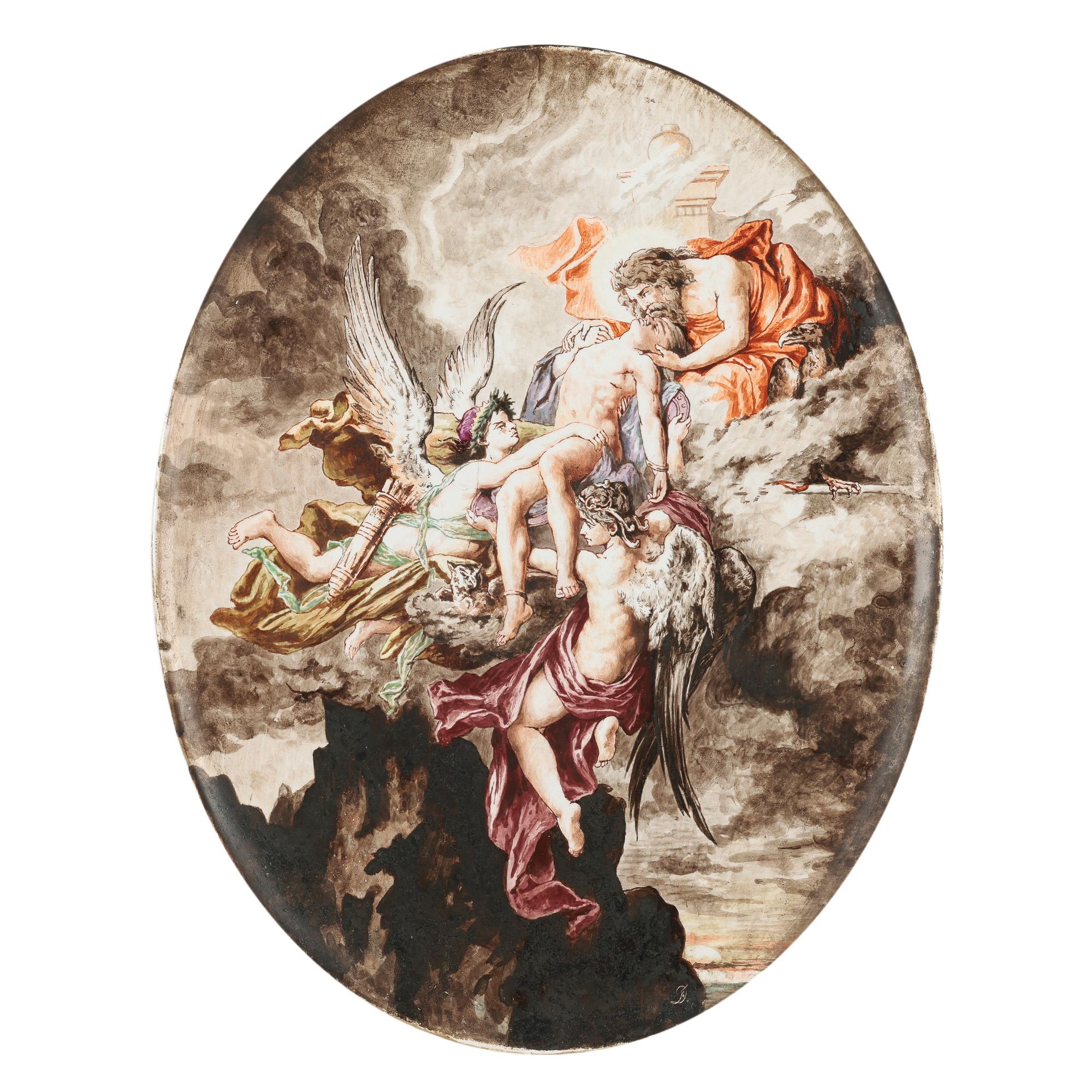 French H Boulenger & Cie Exceptional Hand Painted Heavenly Scene Ceramic Plaque For Sale